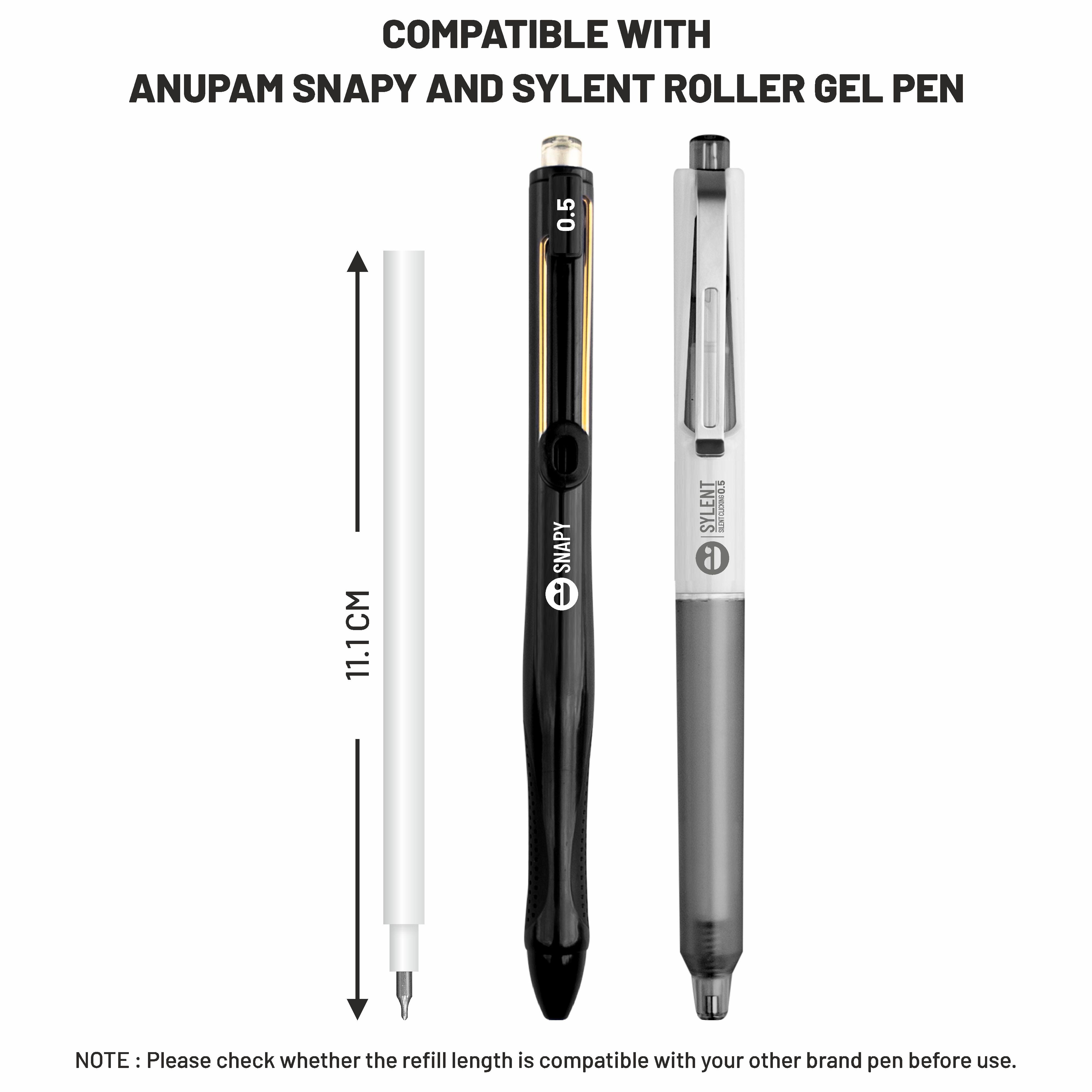 Anupam Roller Gel Refill  | Waterproof Smooth Quick-Dry Dark Ink | Replacement Refill for Sylent & Snapy Pen | Perfect for Journaling, Note-Taking | (Pack )