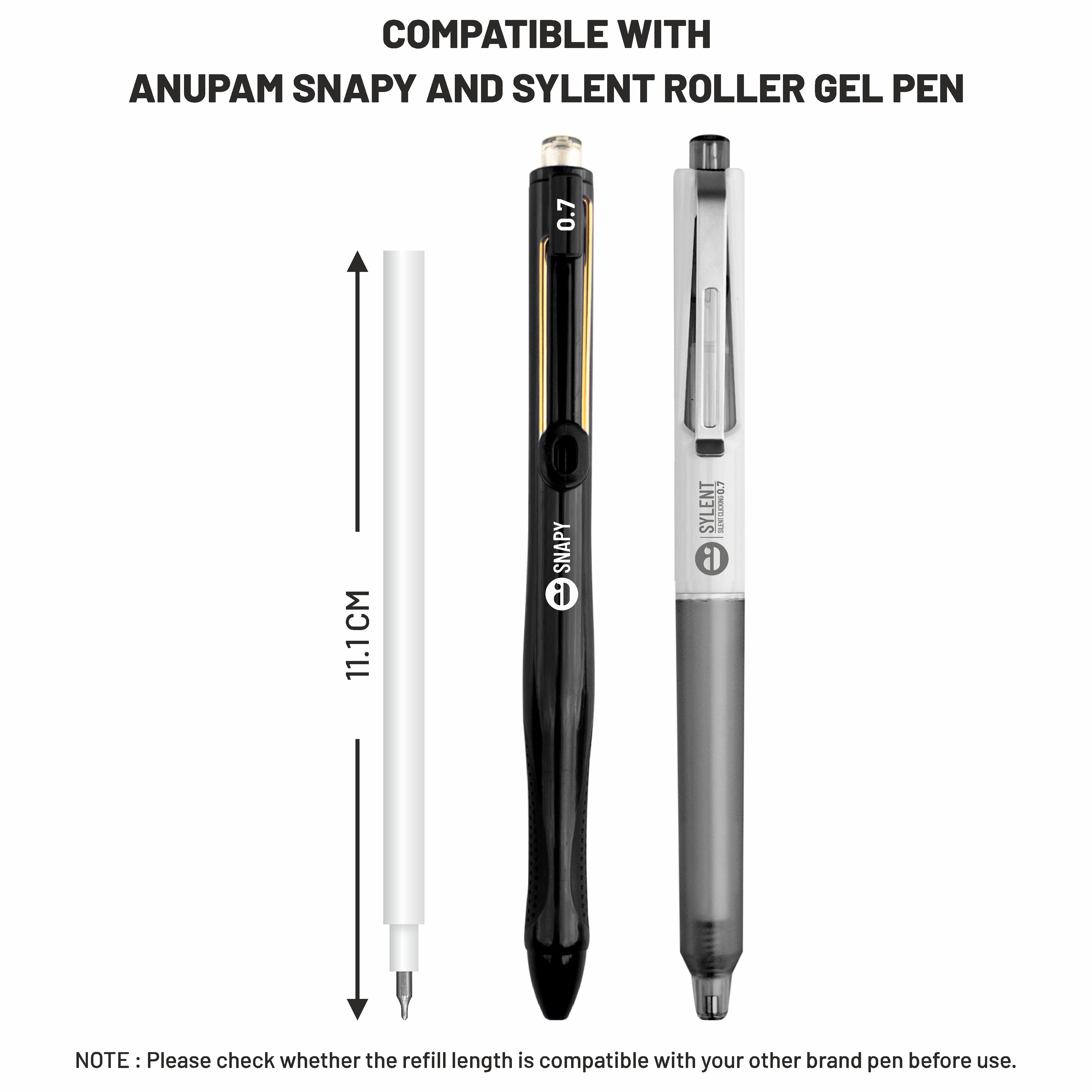 Anupam Roller Gel Refill  | Waterproof Smooth Quick-Dry Dark Ink | Replacement Refill for Sylent & Snapy Pen | Perfect for Journaling, Note-Taking | (Pack )