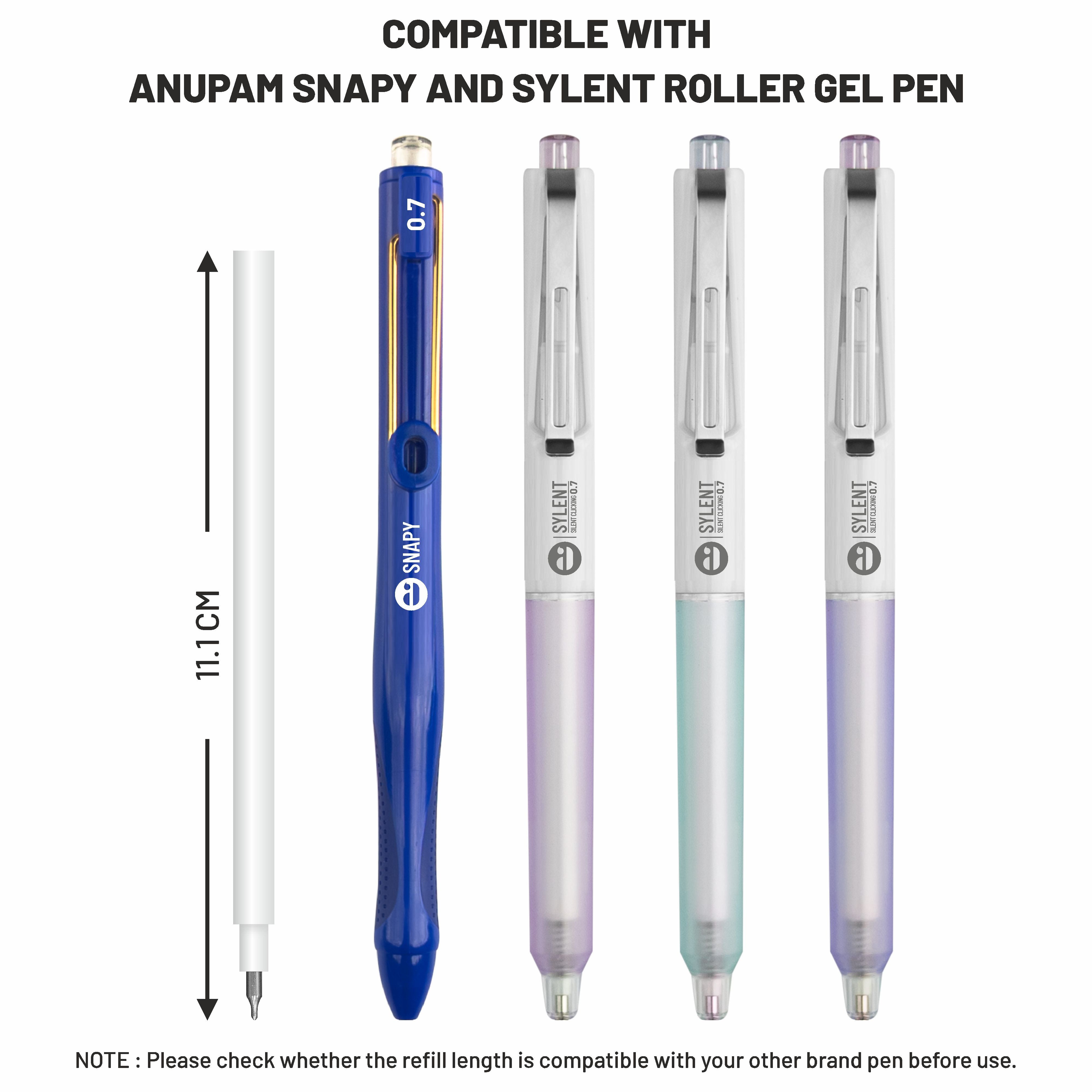 Anupam Roller Gel Refill  | Waterproof Smooth Quick-Dry Dark Ink | Replacement Refill for Sylent & Snapy Pen | Perfect for Journaling, Note-Taking | (Pack )