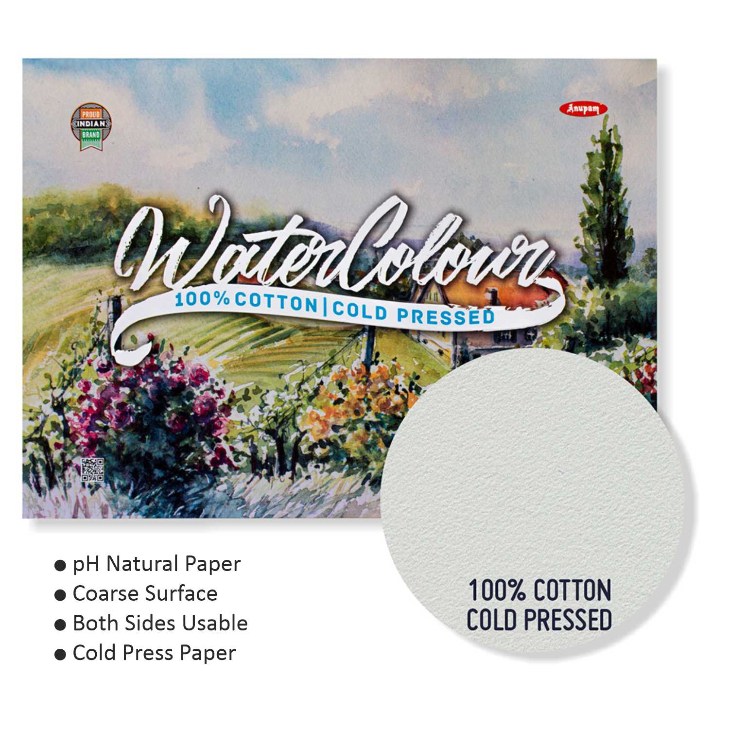 Anupam 100% Cotton Water Colour Paper Pad-Acid Free - Cold Pressed - 250 GSM - 15 Sheets