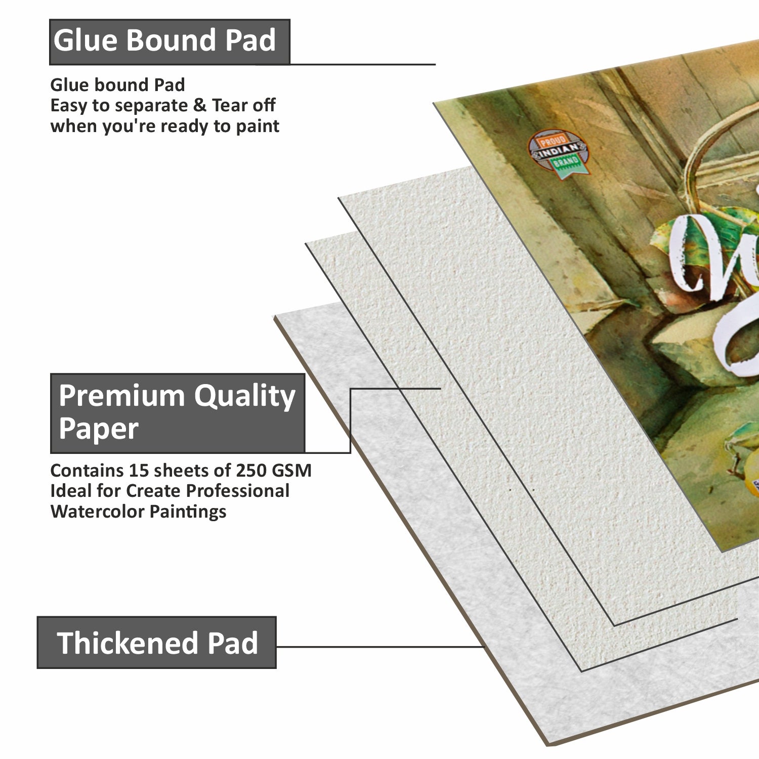 Anupam 100% Cotton Water Colour Paper Pad-Acid Free - Cold Pressed - 250 GSM - 15 Sheets