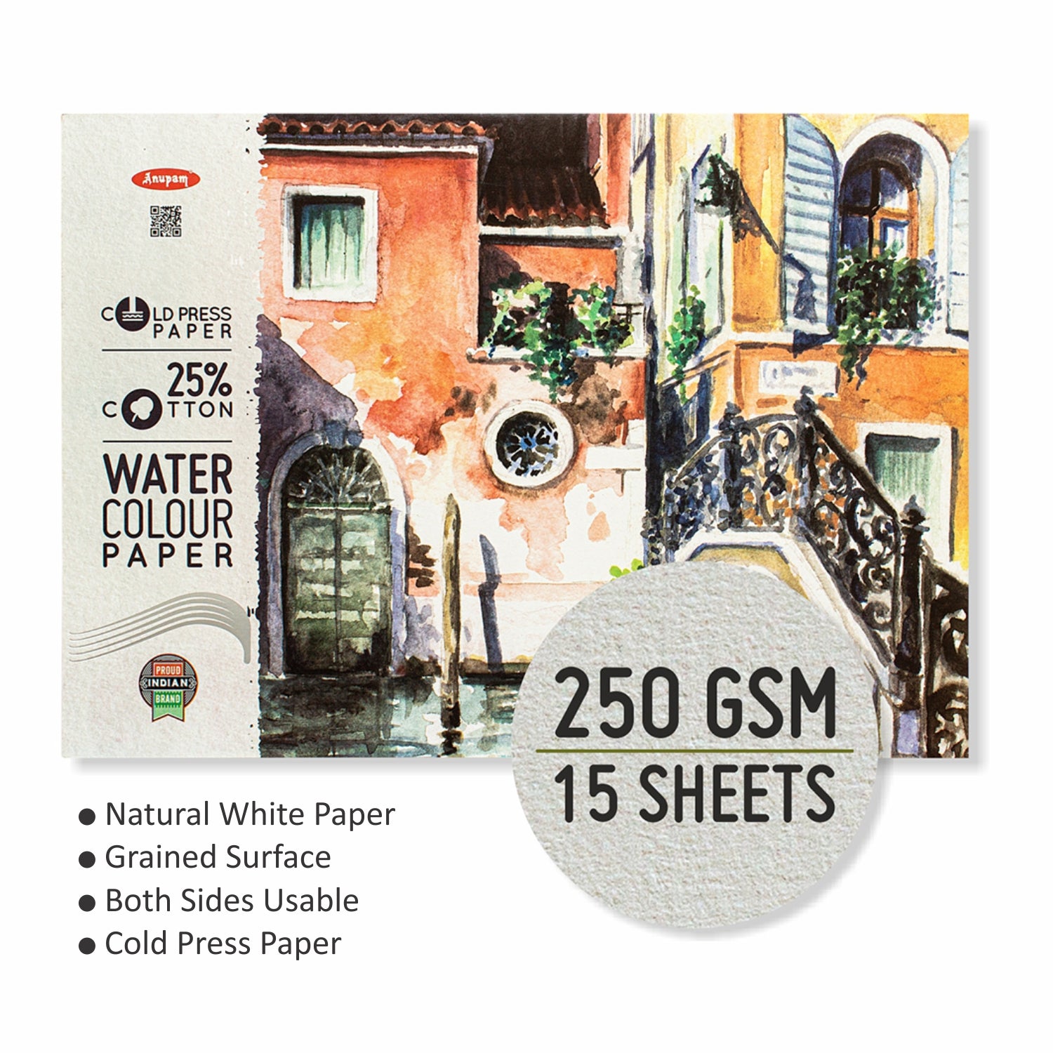 Anupam 25% Cotton Watercolour Paper Pad - Cold Pressed - 250 GSM - 15 Sheets