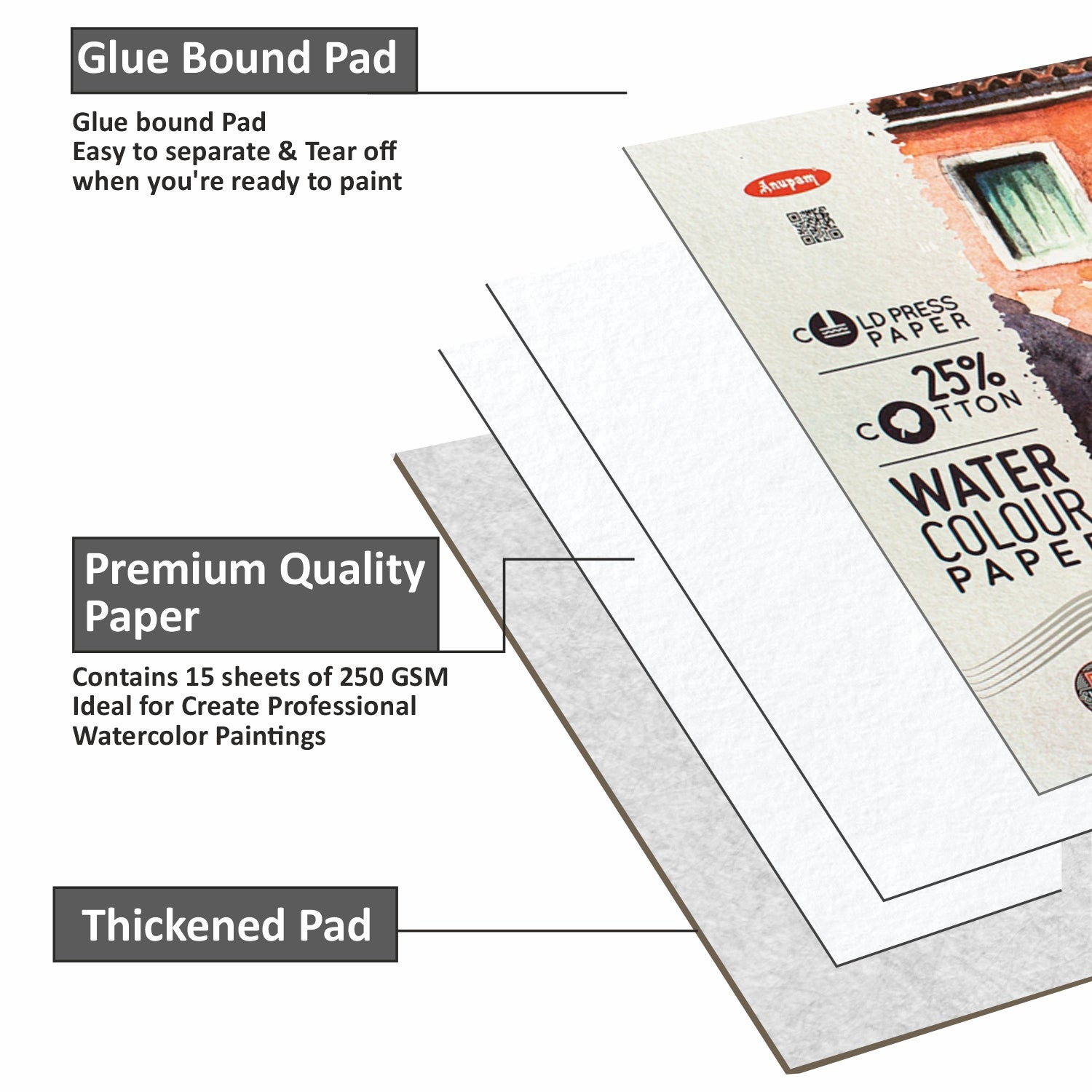 Anupam 25% Cotton Watercolour Paper Pad - Cold Pressed - 250 GSM - 15 Sheets