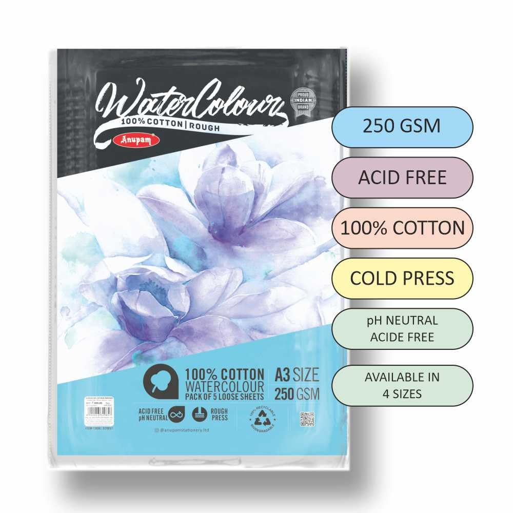 Anupam 100% Cotton Watercolour Paper-Coarse Surface-Acid Free-Rough Pressed-250 GSM-Loose Sheets