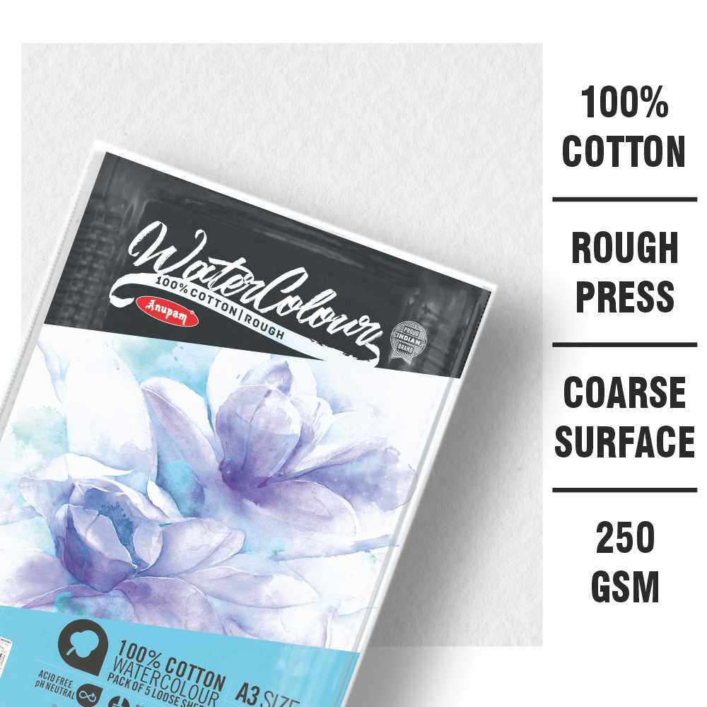 Anupam 100% Cotton Watercolour Paper-Coarse Surface-Acid Free-Rough Pressed-250 GSM-Loose Sheets