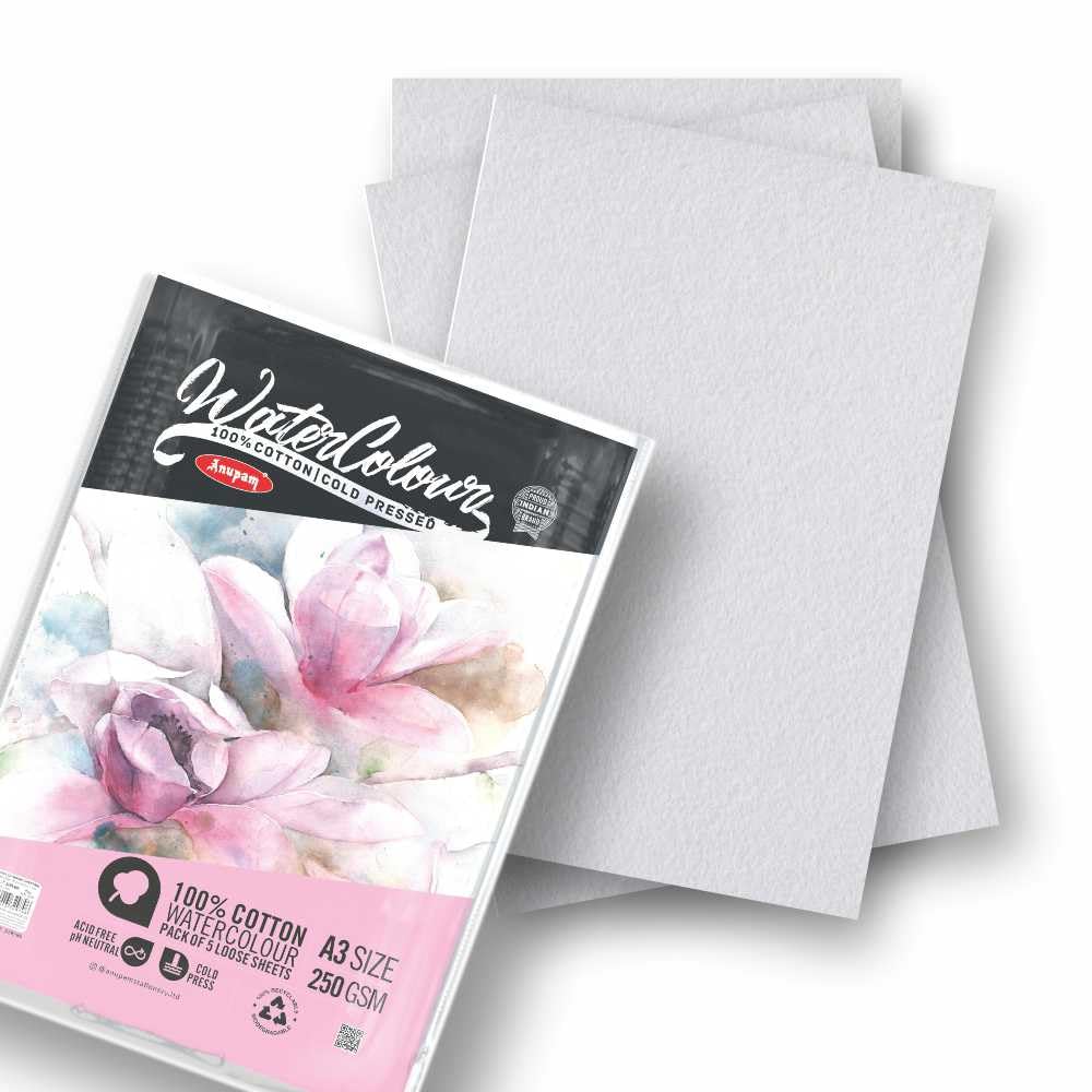 Anupam 100% Cotton Watercolour Paper-Acid Free-Coarse Surface-Cold Pressed-250 GSM-Loose Sheets