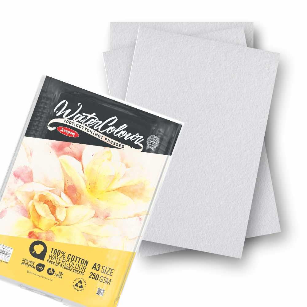Anupam 100% Cotton Watercolour Paper-Acid Free-Coarse Surface-Hot Pressed-Loose Sheets-250 GSM