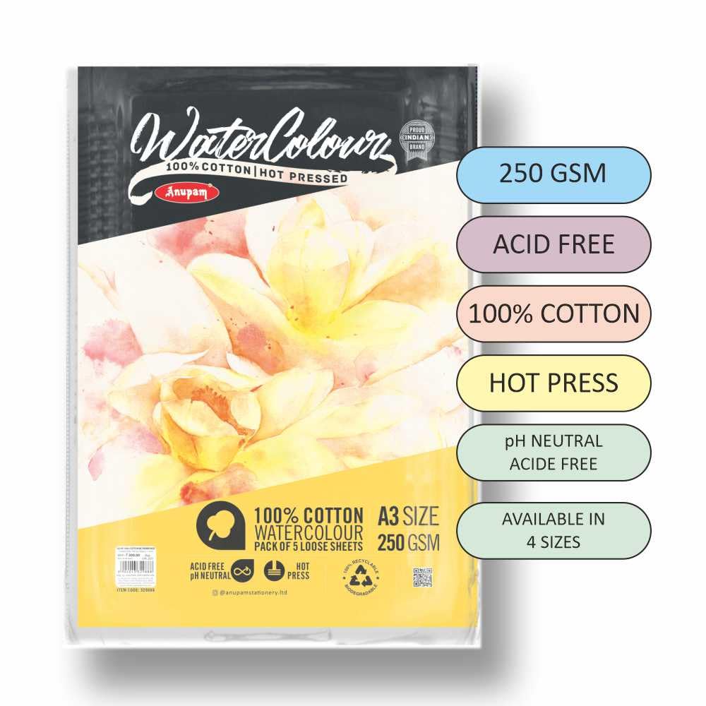 Anupam 100% Cotton Watercolour Paper-Acid Free-Coarse Surface-Hot Pressed-Loose Sheets-250 GSM