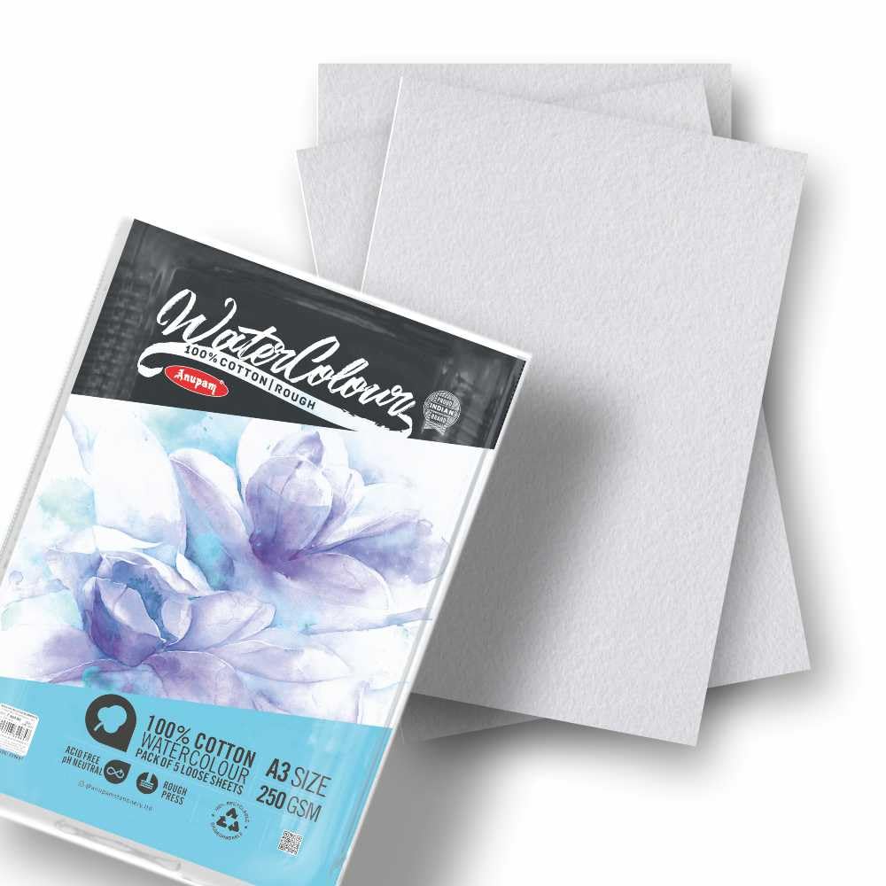 Anupam 100% Cotton Watercolour Paper-Coarse Surface-Acid Free-Rough Pressed-250 GSM-Loose Sheets