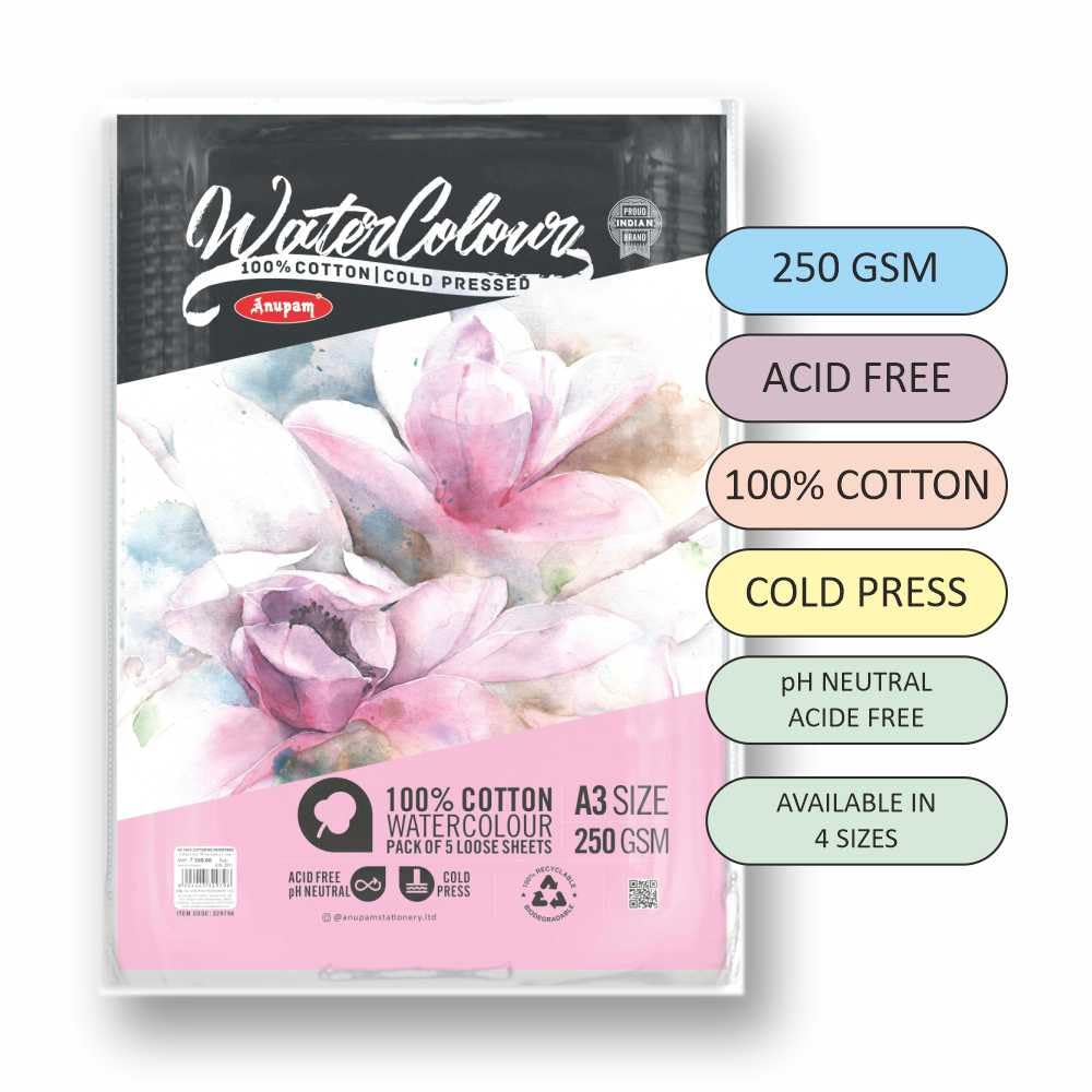 Anupam 100% Cotton Watercolour Paper-Acid Free-Coarse Surface-Cold Pressed-250 GSM-Loose Sheets
