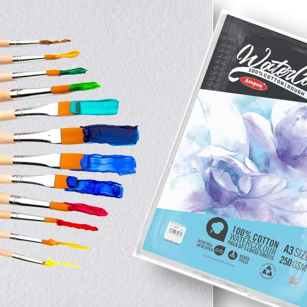 Anupam 100% Cotton Watercolour Paper-Coarse Surface-Acid Free-Rough Pressed-250 GSM-Loose Sheets