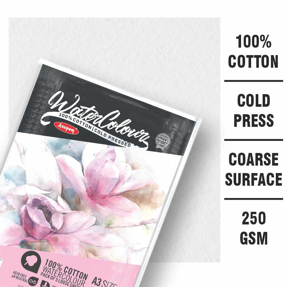 Anupam 100% Cotton Watercolour Paper-Acid Free-Coarse Surface-Cold Pressed-250 GSM-Loose Sheets
