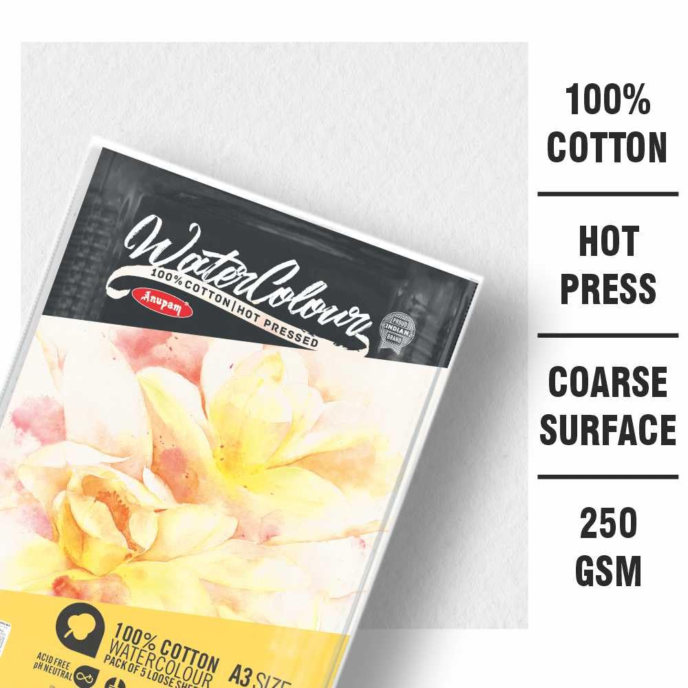 Anupam 100% Cotton Watercolour Paper-Acid Free-Coarse Surface-Hot Pressed-Loose Sheets-250 GSM