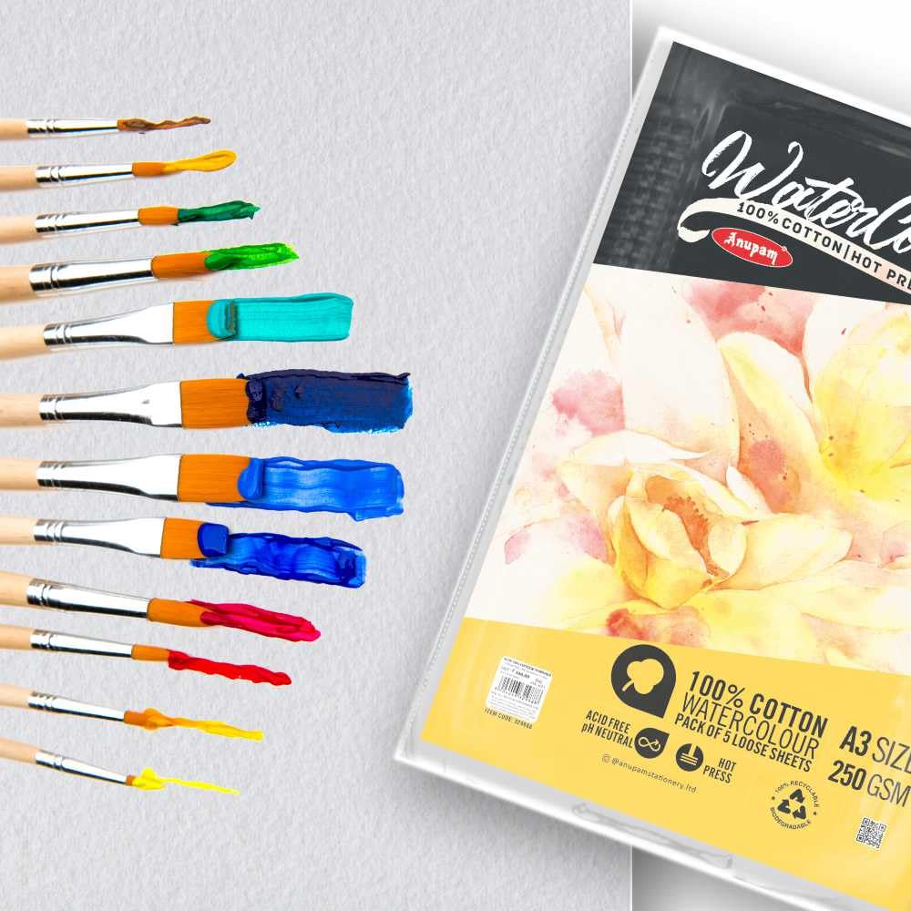 Anupam 100% Cotton Watercolour Paper-Acid Free-Coarse Surface-Hot Pressed-Loose Sheets-250 GSM