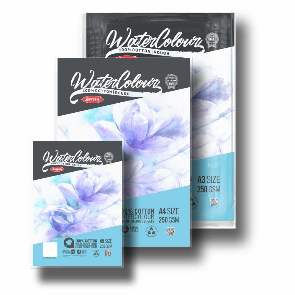 Anupam 100% Cotton Watercolour Paper-Coarse Surface-Acid Free-Rough Pressed-250 GSM-Loose Sheets