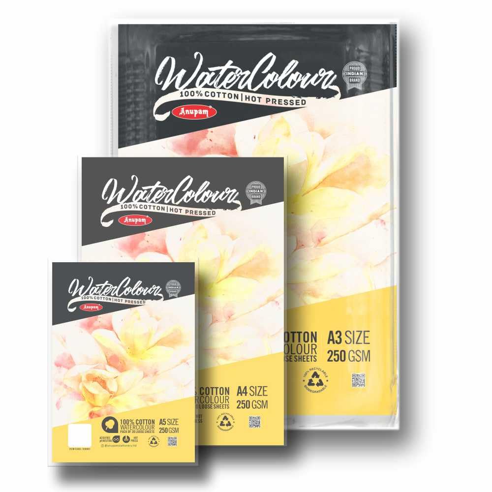 Anupam 100% Cotton Watercolour Paper-Acid Free-Coarse Surface-Hot Pressed-Loose Sheets-250 GSM