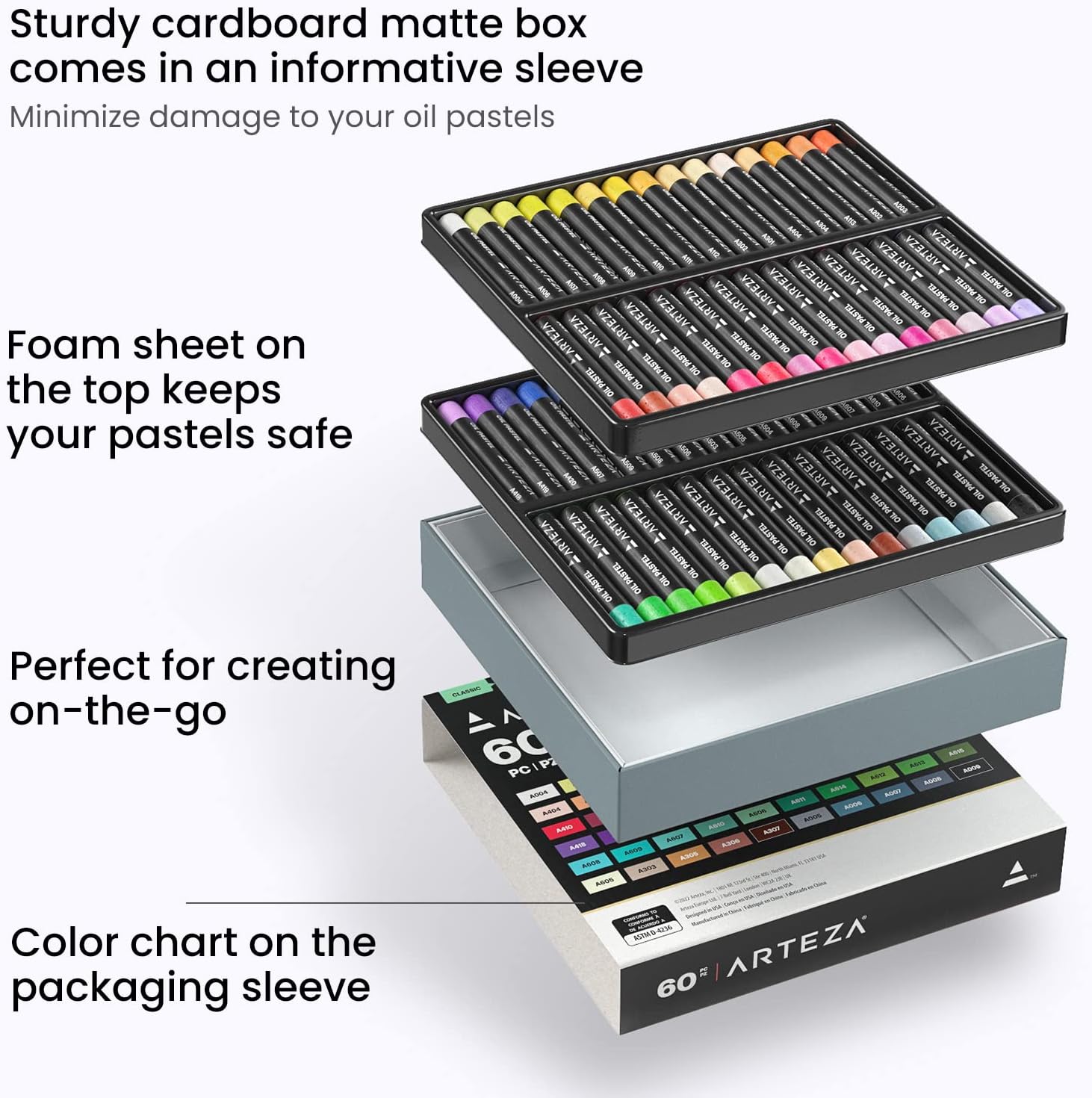 ARTEZA Oil Pastels for Artists, 60 Soft Oil Pastels in Assorted Colors, Pastel Crayons