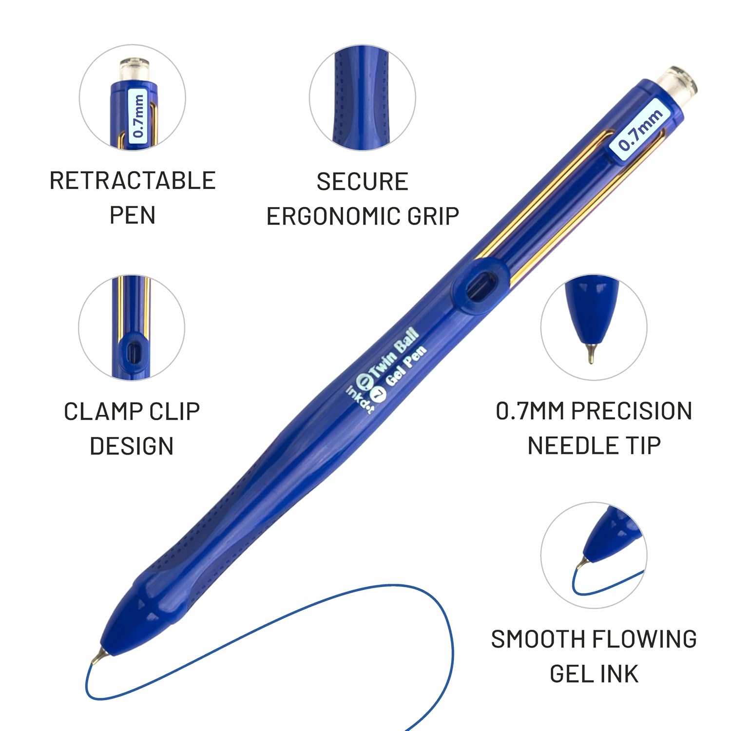 Anupam Snapy Blue Gel Pens, Waterproof Quick Dry Blue Ink, 0.7mm Fine Point Retractable Smooth Writing Pens
