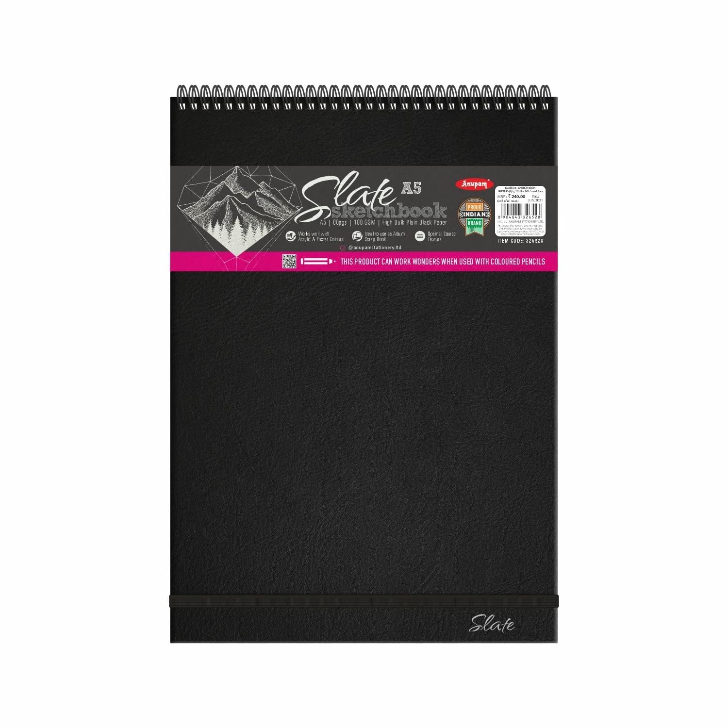 Anupam SketchO Slate Black Paper Sketchbook Wireo Bound-Elastic Closure -180 GSM-Acid Free-80 Pages