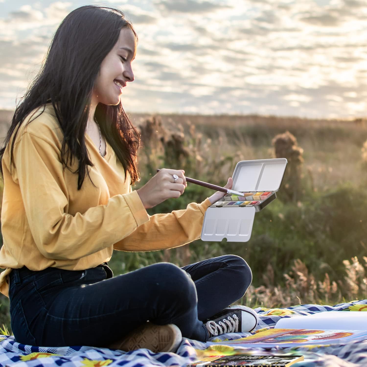 Arteza Metallic & Iridescent Watercolor Paints in Half Pans, Set of 12 Colors, Enchanted Forest Theme