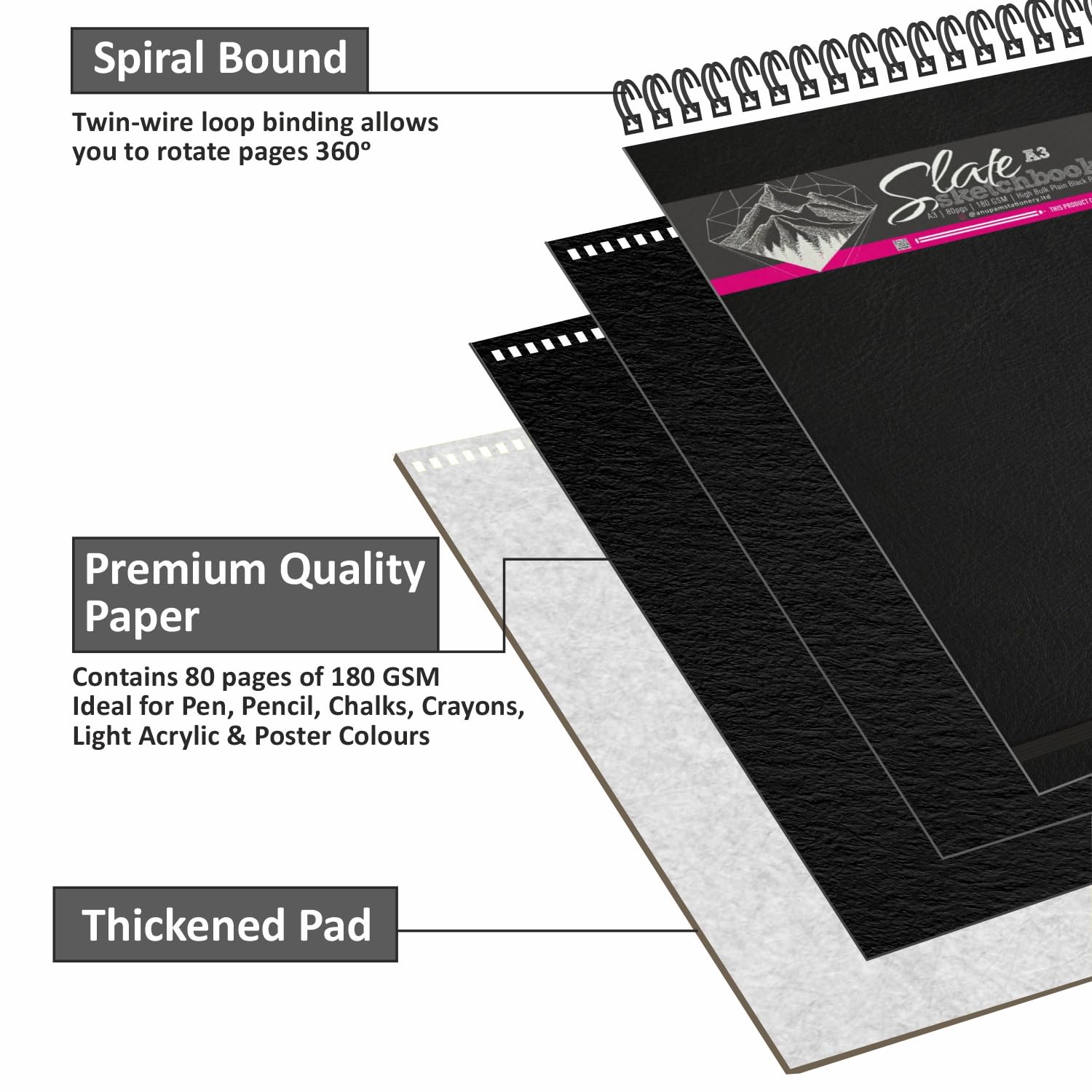 Anupam SketchO Slate Black Paper Sketchbook Wireo Bound-Elastic Closure -180 GSM-Acid Free-80 Pages