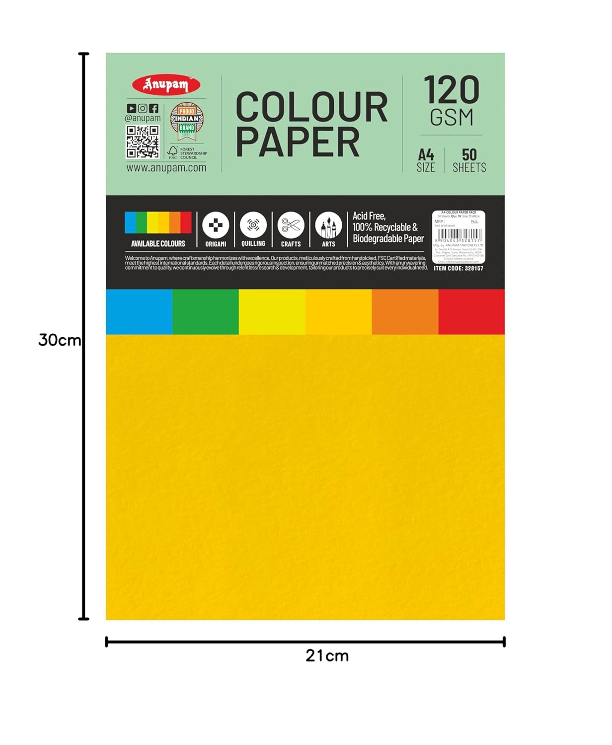 Anupam Assorted Colour-Loose Paper-120GSM-5 Colours Paper for Arts & Crafts-Quilling-Origami