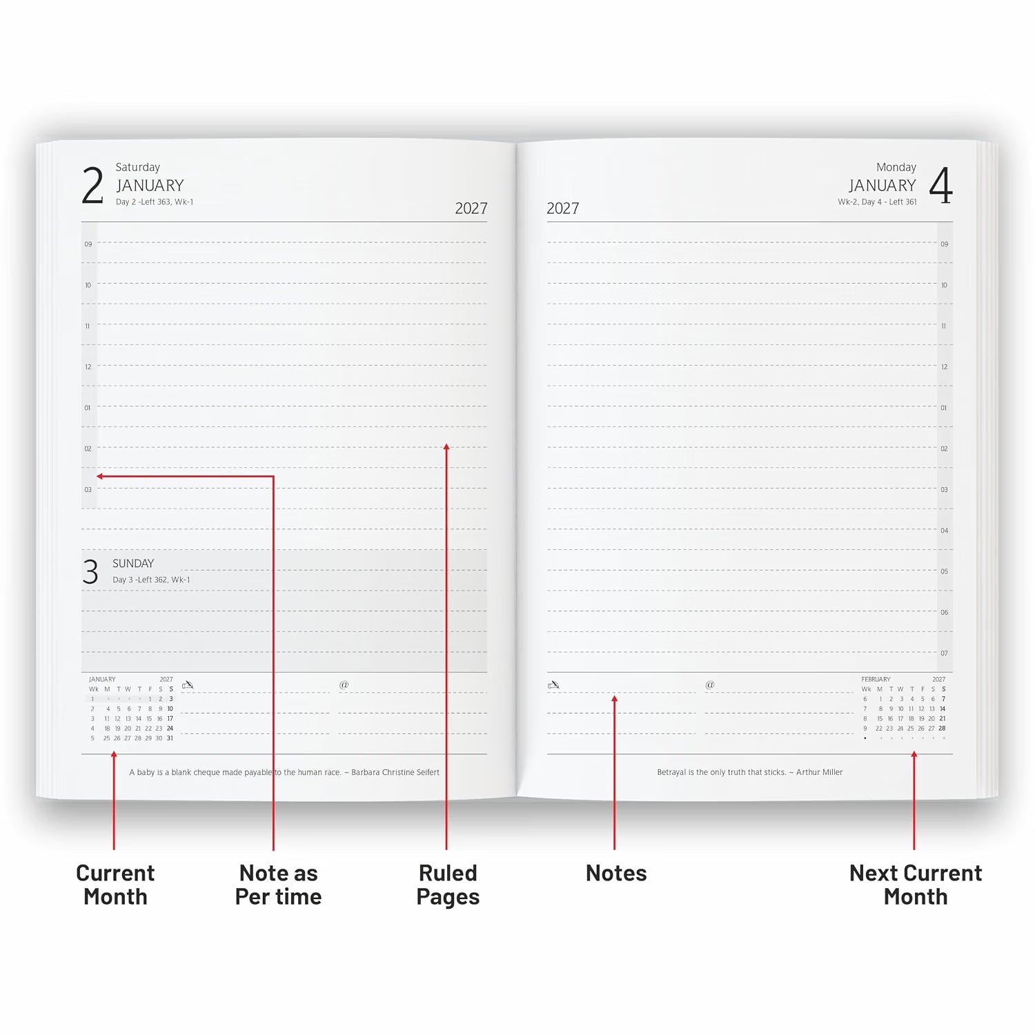 Anupam Fash 2027 Diary with Dates, 2027 Daily Planner Full Page for Monday - Friday and Saturday-Sunday in one Page with Monthly Calendar, January to December 365 Days