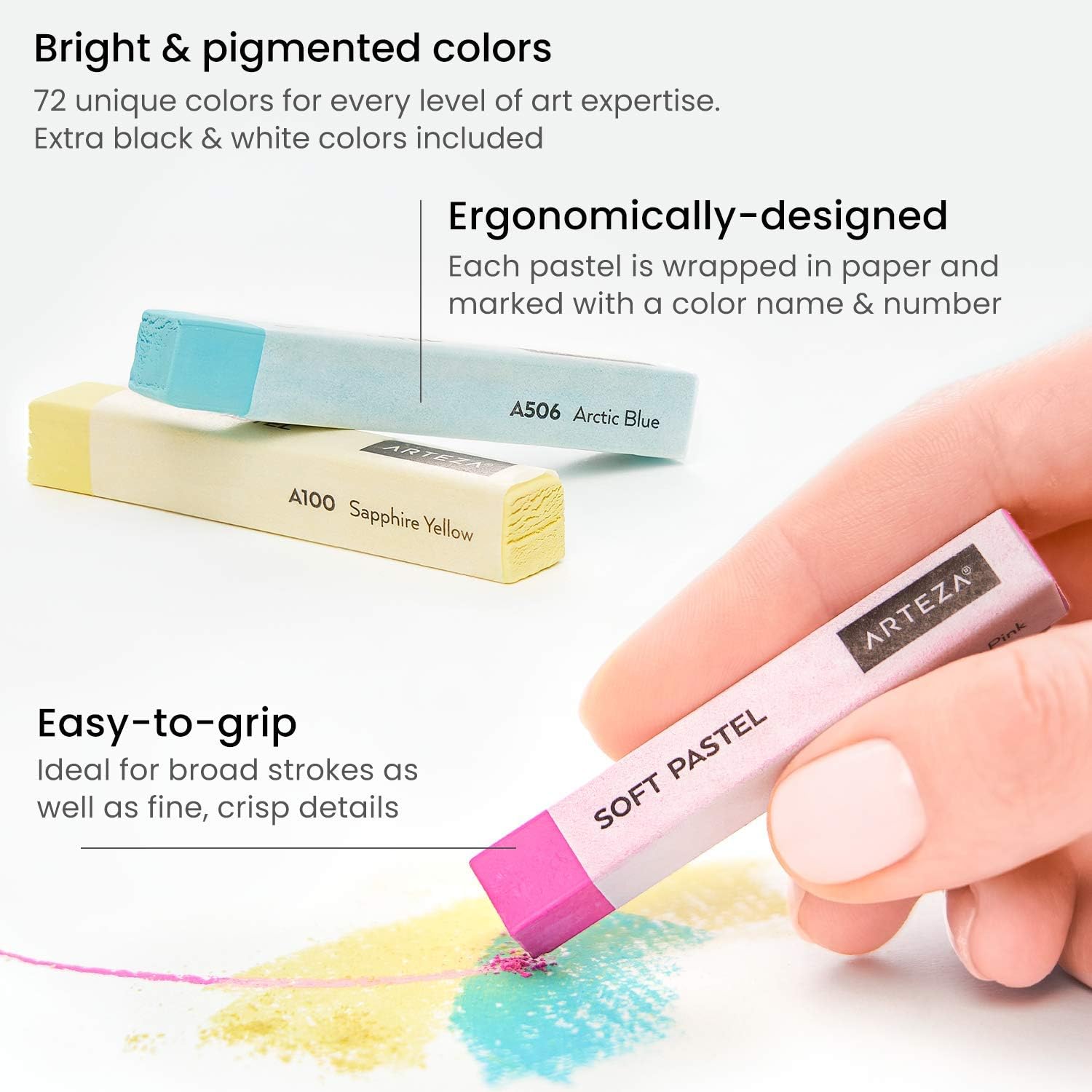 ARTEZA Soft Pastels for Artists, Set of 72 Chalk Pastels for Artists Sticks, Chalk Crayons