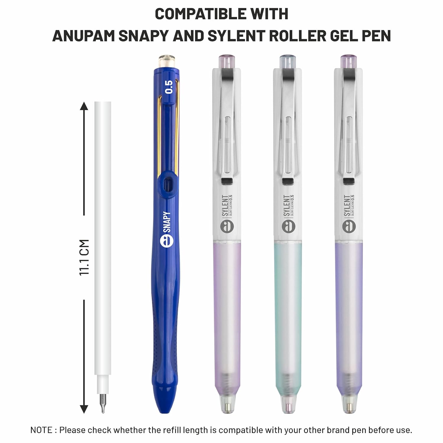 Anupam Roller Gel Refill  | Waterproof Smooth Quick-Dry Dark Ink | Replacement Refill for Sylent & Snapy Pen | Perfect for Journaling, Note-Taking | (Pack )