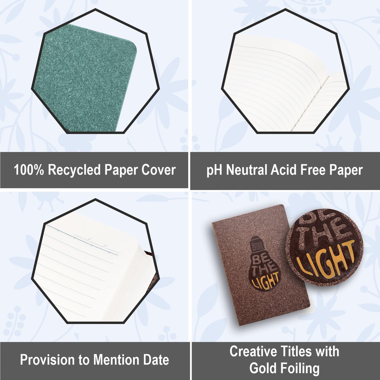 Anupam Natal A5 Ruled Journal Notebook 192 Pages 80Gsm Lined Notebook 100% Recycled Paper Cover with Gold Foiling Designer Titles Journal for Notes Taking & Writing in School and Office