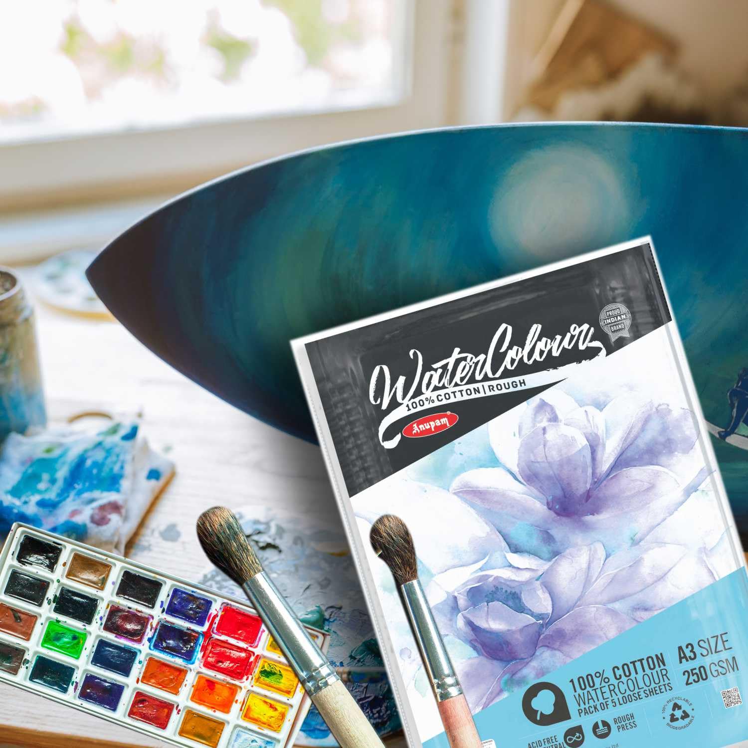 Anupam 100% Cotton Watercolour Paper-Coarse Surface-Acid Free-Rough Pressed-250 GSM-Loose Sheets