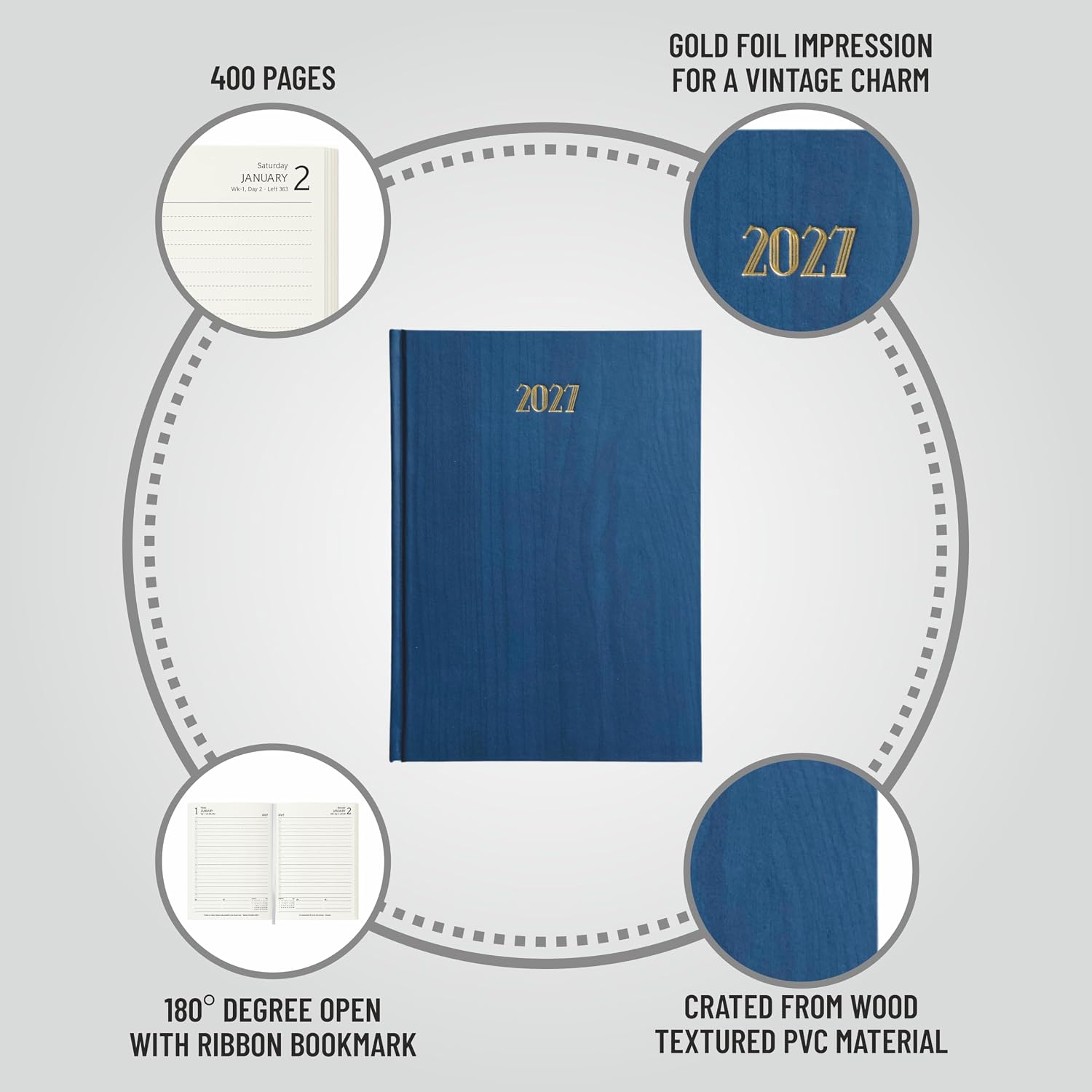 Anupam Dash 2027 Diary with Dates, 2027 Daily Planner Full Page Per Day with Monthly Calendar, New Year Diary 2027 80 GSM, 365 Days Aesthetic Book & Daily Diary for Office -