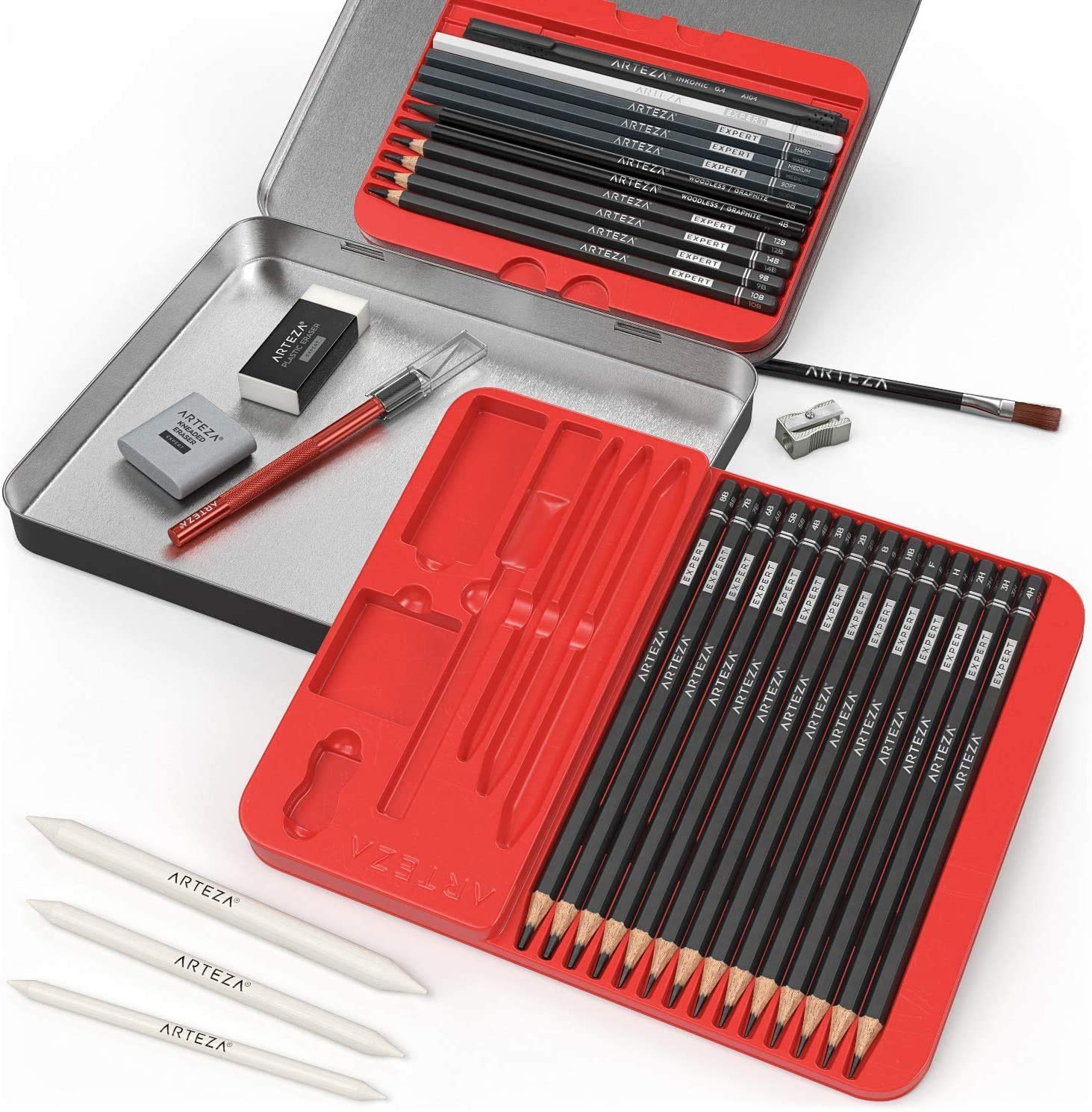 Arteza Pro Series Drawing Set for Adults, Set of 33 Artist Sketching Tools, Includes 20 Graphite & 4 Charcoal Pencils, 1 Fineliner, 3 Blenders, 1 Sharpener, 3 Erasers & 1 Hobby Knife, for Beginners & Experts