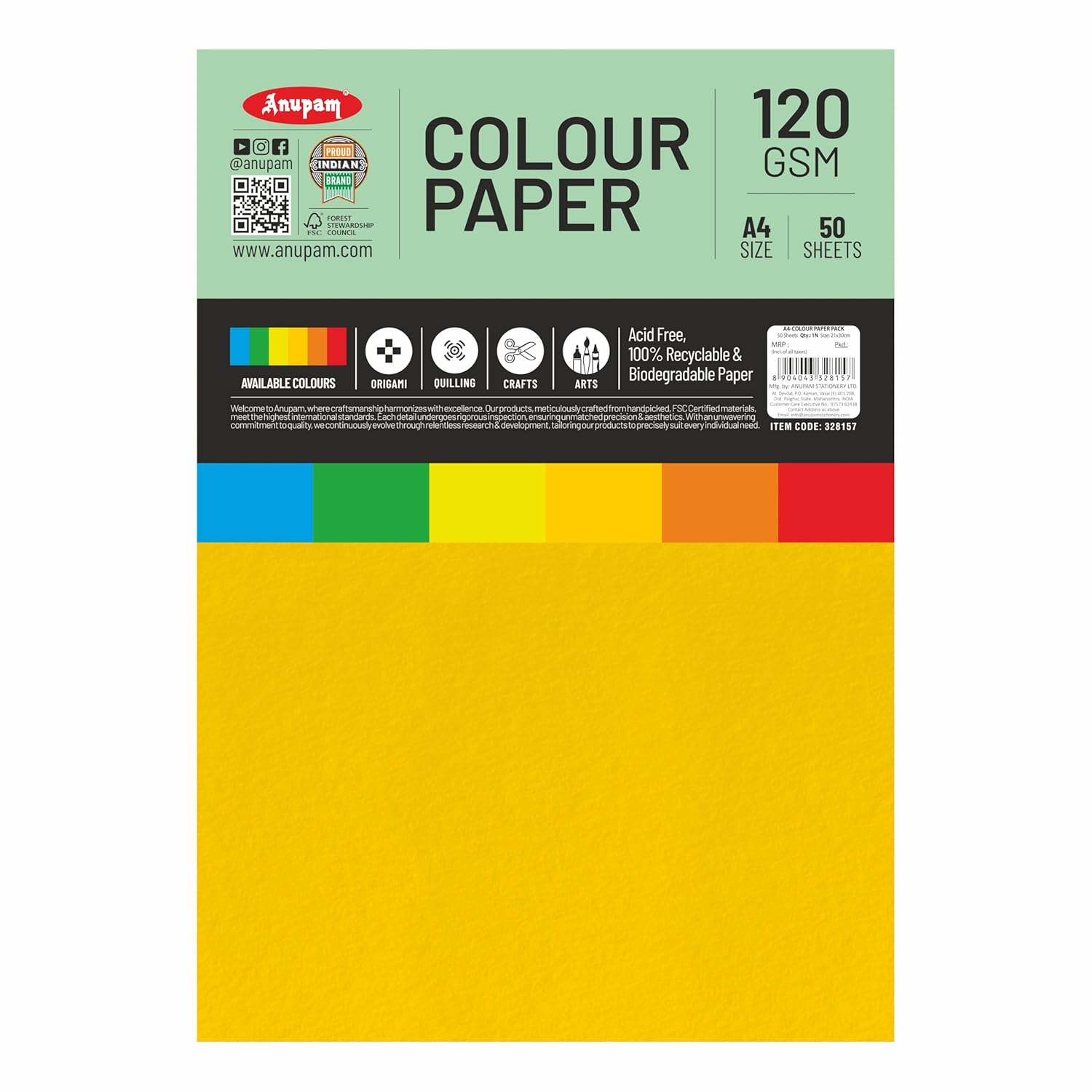 Anupam Assorted Colour-Loose Paper-120GSM-5 Colours Paper for Arts & Crafts-Quilling-Origami
