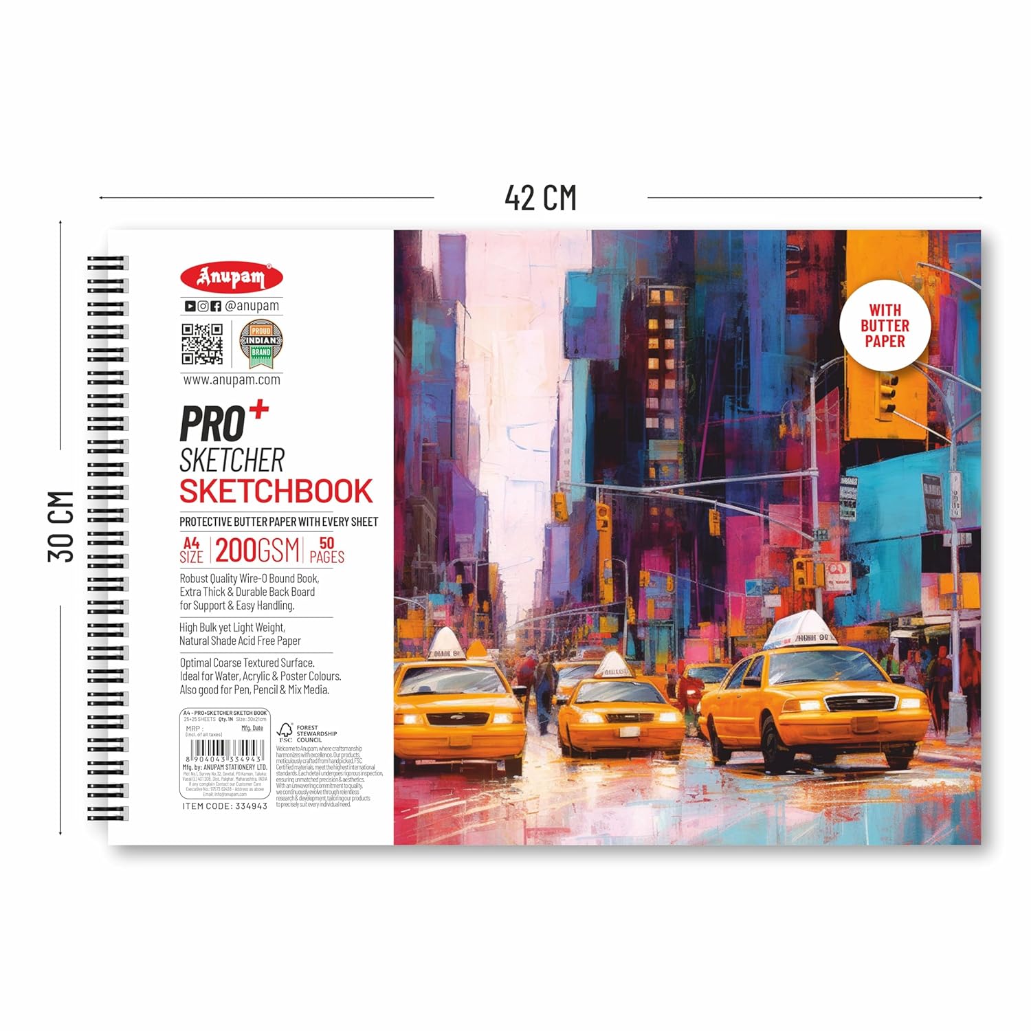 Anupam Pro Sketcher Drawing Book with Butter Paper Pages Size Spiral-Bound Sketchpad 200 GSM for Artists, Kids & Professionals (25 Sheets, 50 Pages)