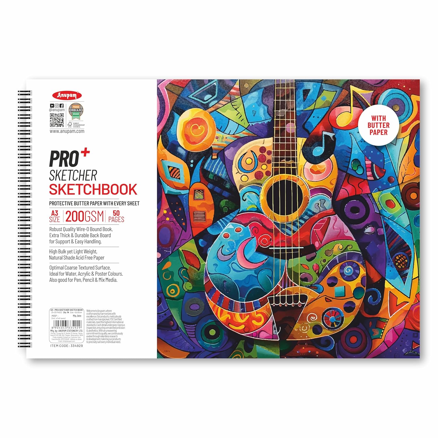 Anupam Pro Sketcher Drawing Book with Butter Paper Pages Size Spiral-Bound Sketchpad 200 GSM for Artists, Kids & Professionals (25 Sheets, 50 Pages)