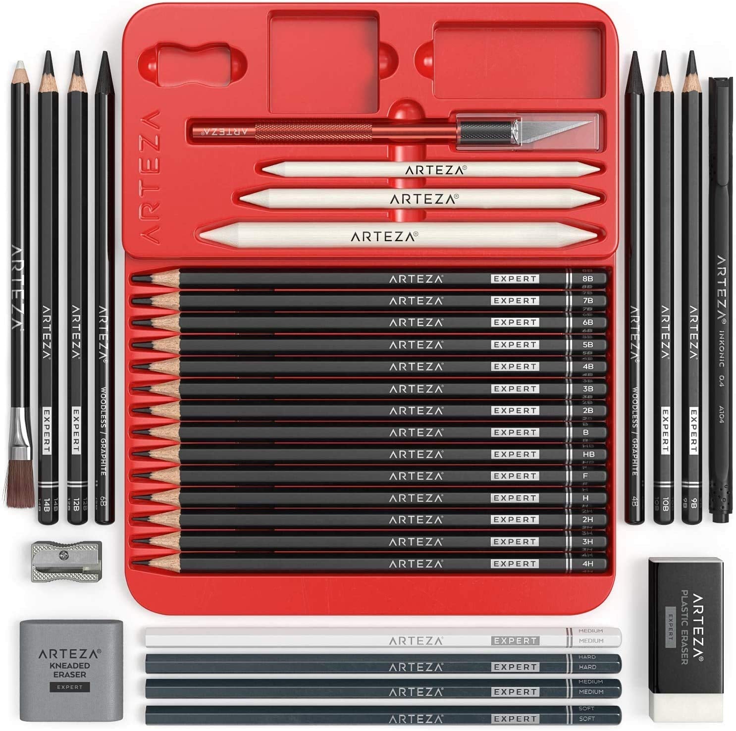 Arteza Pro Series Drawing Set for Adults, Set of 33 Artist Sketching Tools, Includes 20 Graphite & 4 Charcoal Pencils, 1 Fineliner, 3 Blenders, 1 Sharpener, 3 Erasers & 1 Hobby Knife, for Beginners & Experts