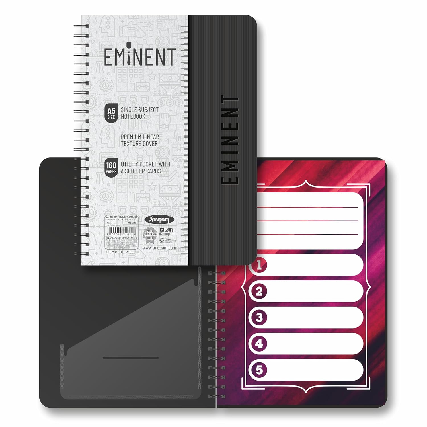Anupam Eminent Multi-Subject Spiral Notebook–College Ruled with Pocket-Movable Dividers-Premium Cover-70GSM