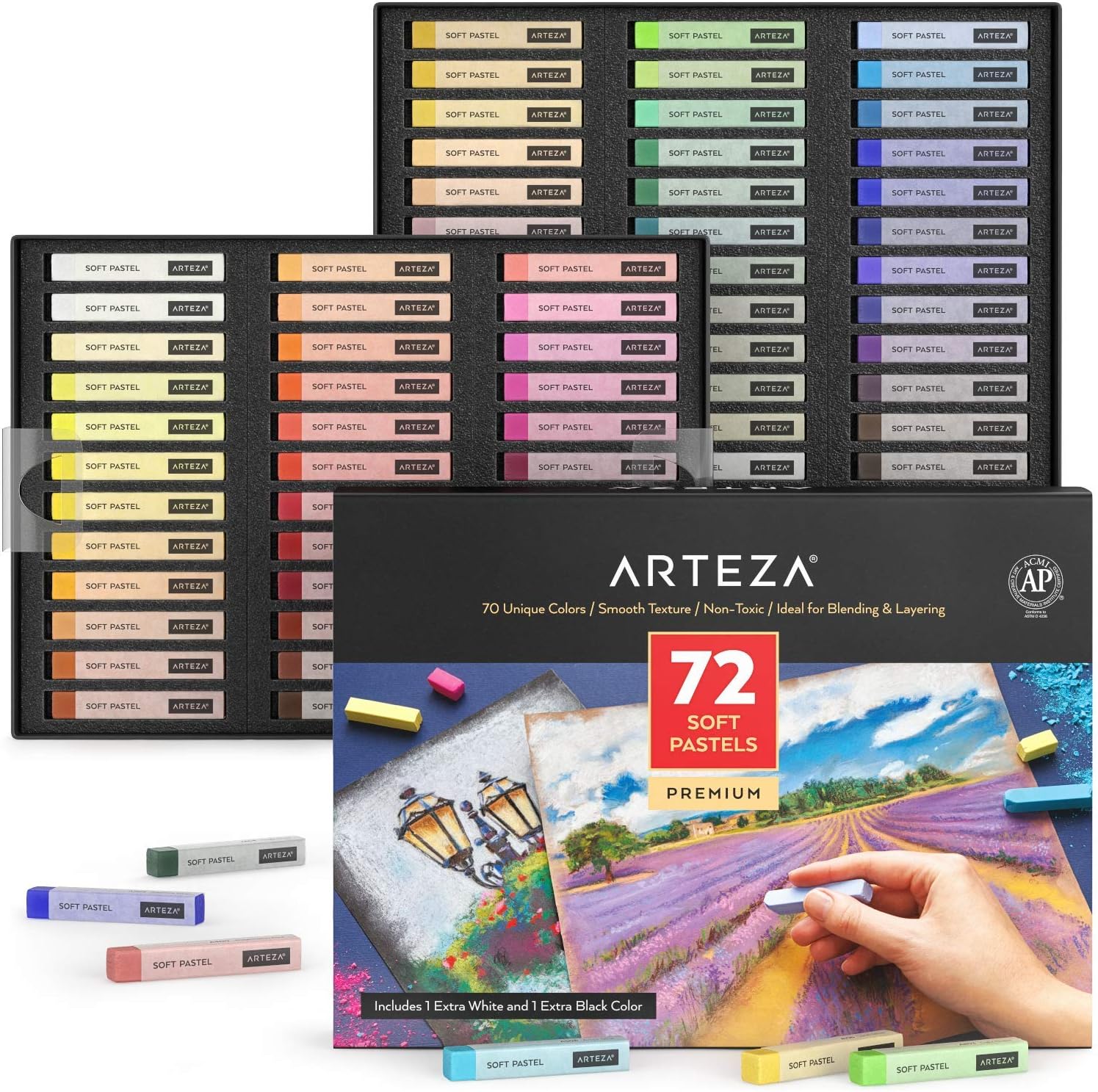 ARTEZA Soft Pastels for Artists, Set of 72 Chalk Pastels for Artists Sticks, Chalk Crayons