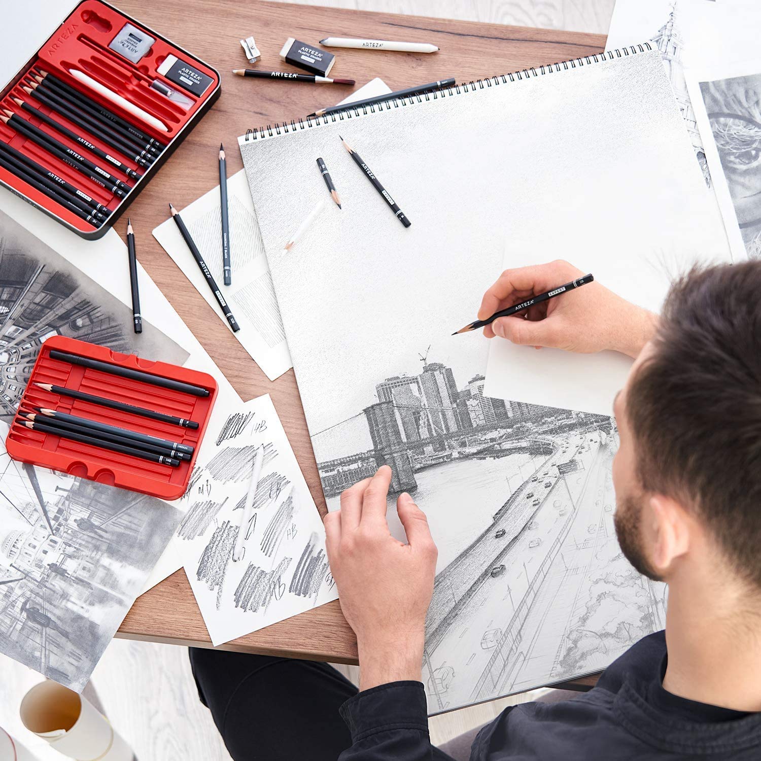 Arteza Pro Series Drawing Set for Adults, Set of 33 Artist Sketching Tools, Includes 20 Graphite & 4 Charcoal Pencils, 1 Fineliner, 3 Blenders, 1 Sharpener, 3 Erasers & 1 Hobby Knife, for Beginners & Experts