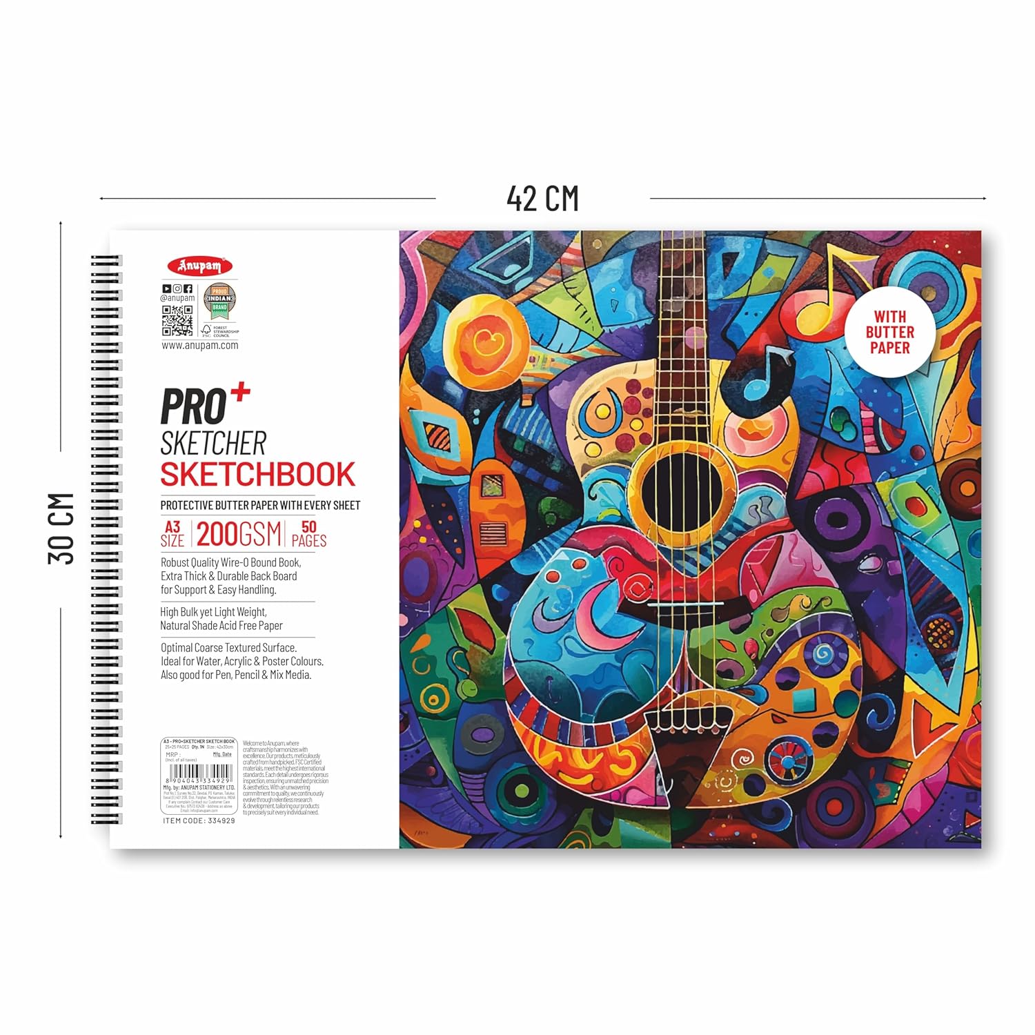 Anupam Pro Sketcher Drawing Book with Butter Paper Pages Size Spiral-Bound Sketchpad 200 GSM for Artists, Kids & Professionals (25 Sheets, 50 Pages)