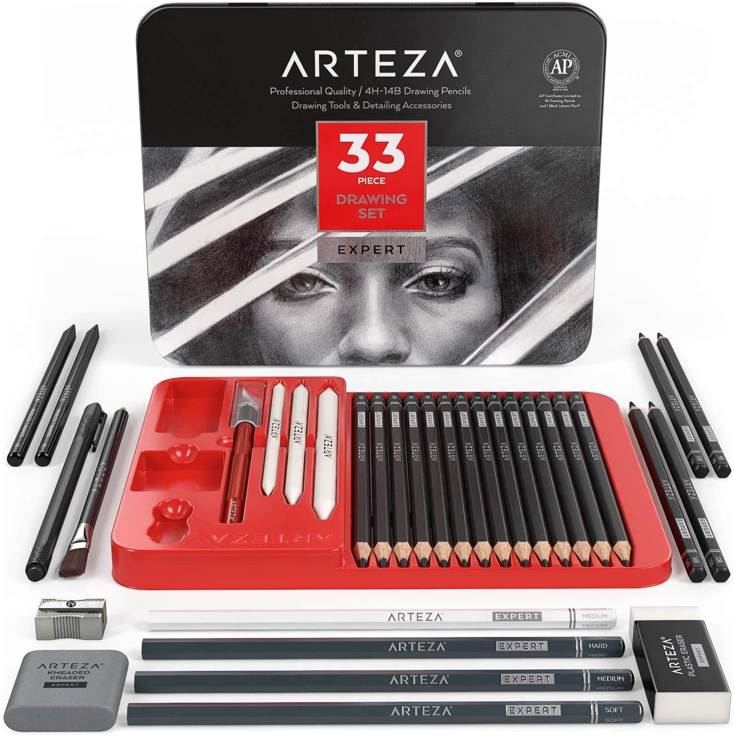 Arteza Pro Series Drawing Set for Adults, Set of 33 Artist Sketching Tools, Includes 20 Graphite & 4 Charcoal Pencils, 1 Fineliner, 3 Blenders, 1 Sharpener, 3 Erasers & 1 Hobby Knife, for Beginners & Experts