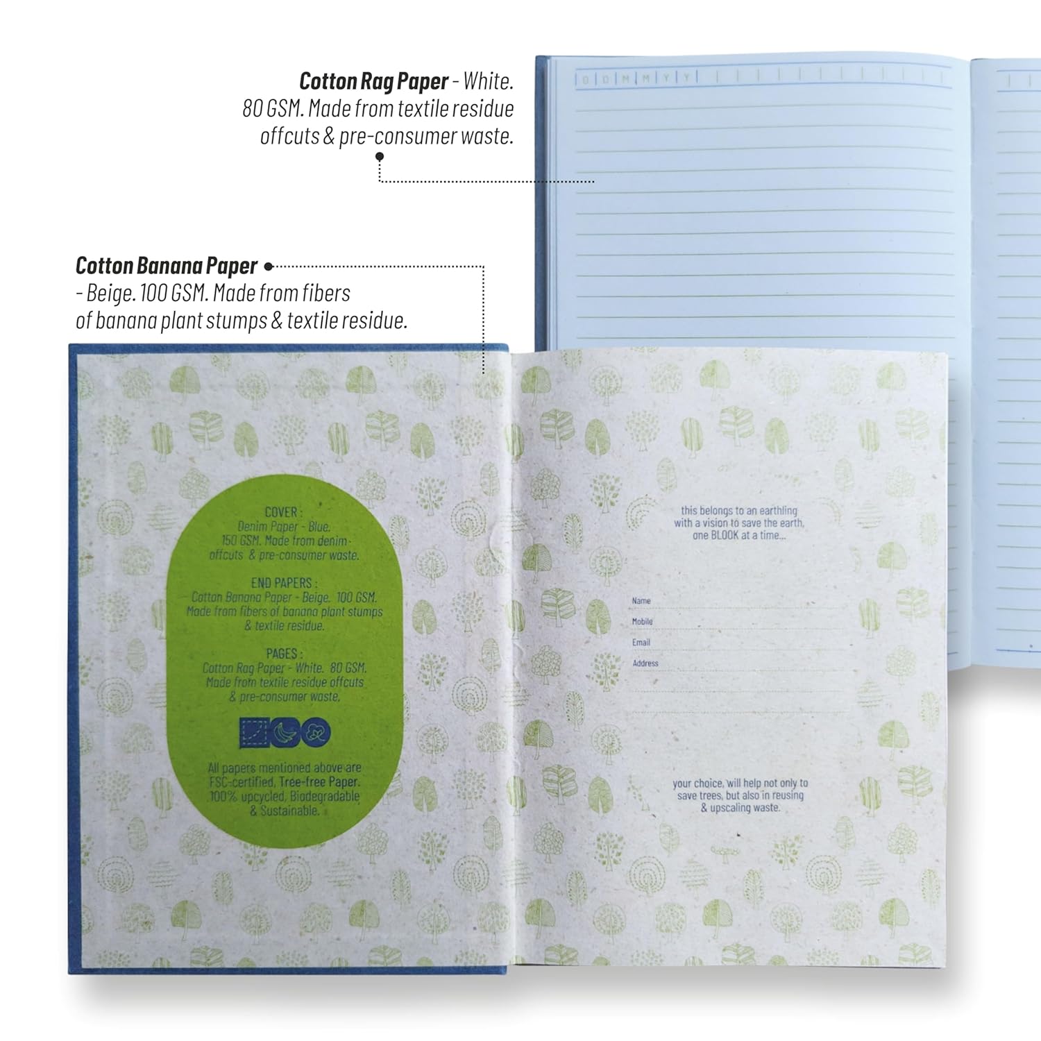 Anupam Blook Notebook 192 Pages College Ruled Notebook 80 Gsm FSC-certified Tree-free Paper Hard-Bound Diary (Blue)