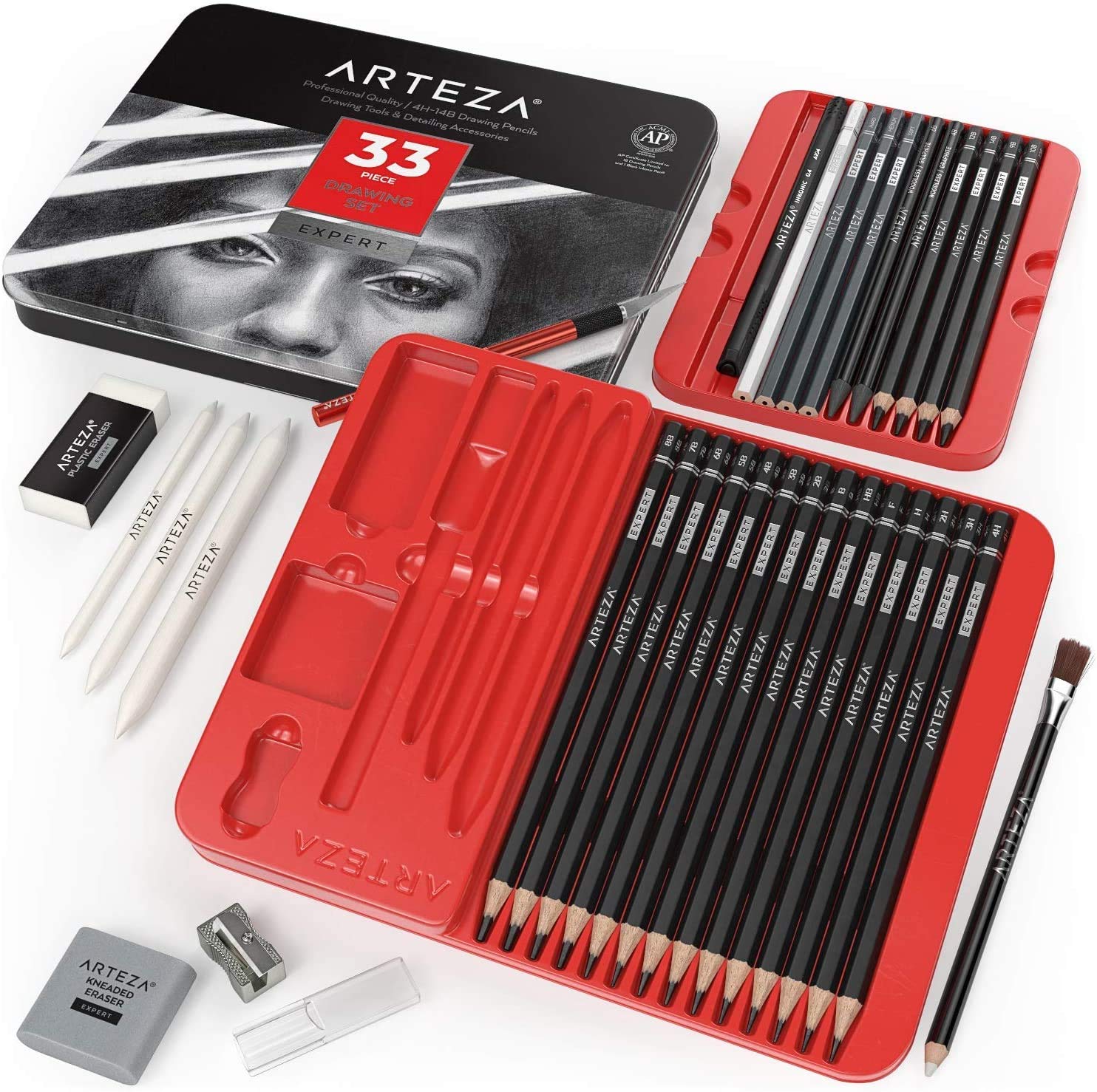 Arteza Pro Series Drawing Set for Adults, Set of 33 Artist Sketching Tools, Includes 20 Graphite & 4 Charcoal Pencils, 1 Fineliner, 3 Blenders, 1 Sharpener, 3 Erasers & 1 Hobby Knife, for Beginners & Experts