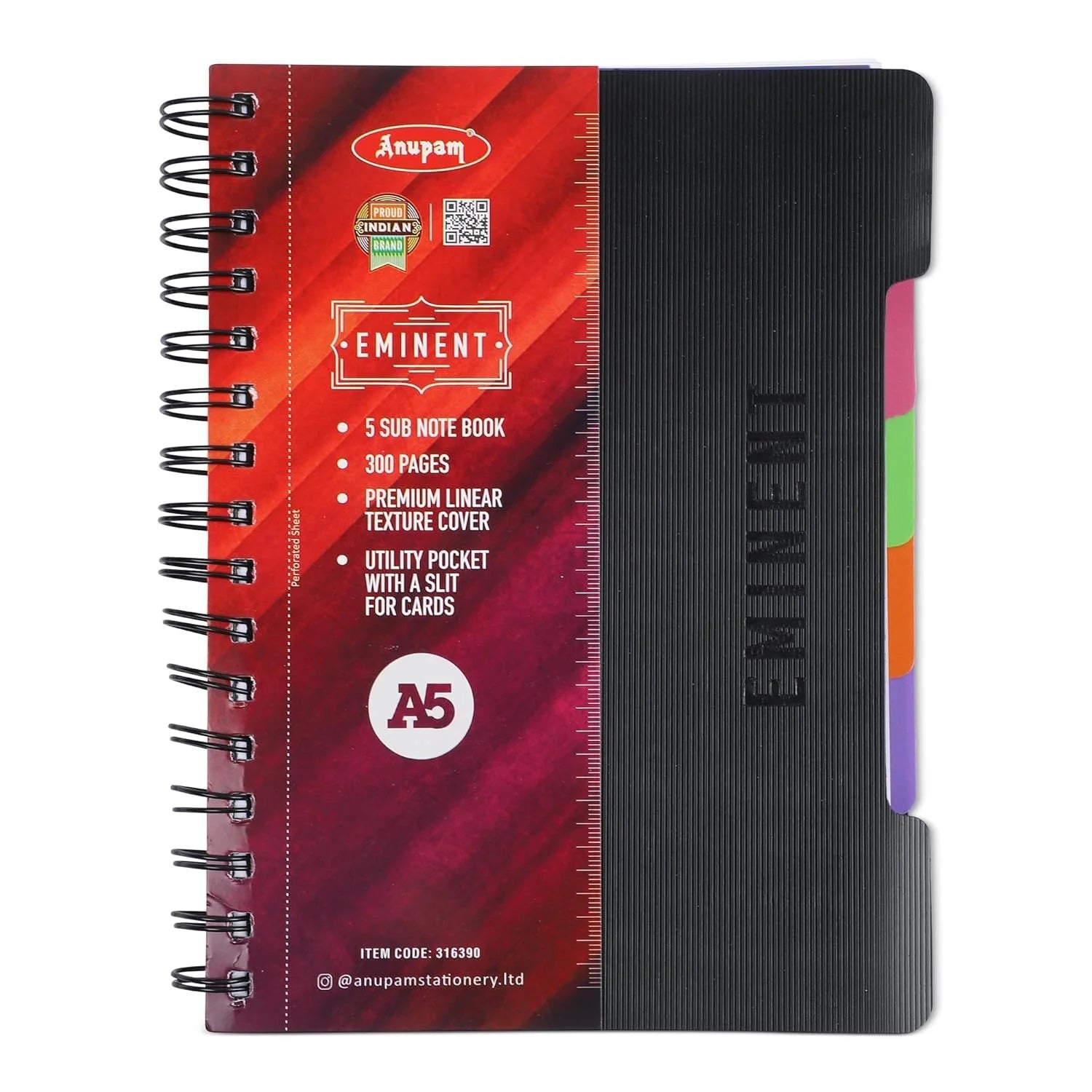 Anupam Eminent Multi-Subject Spiral Notebook–College Ruled with Pocket-Movable Dividers-Premium Cover-70GSM