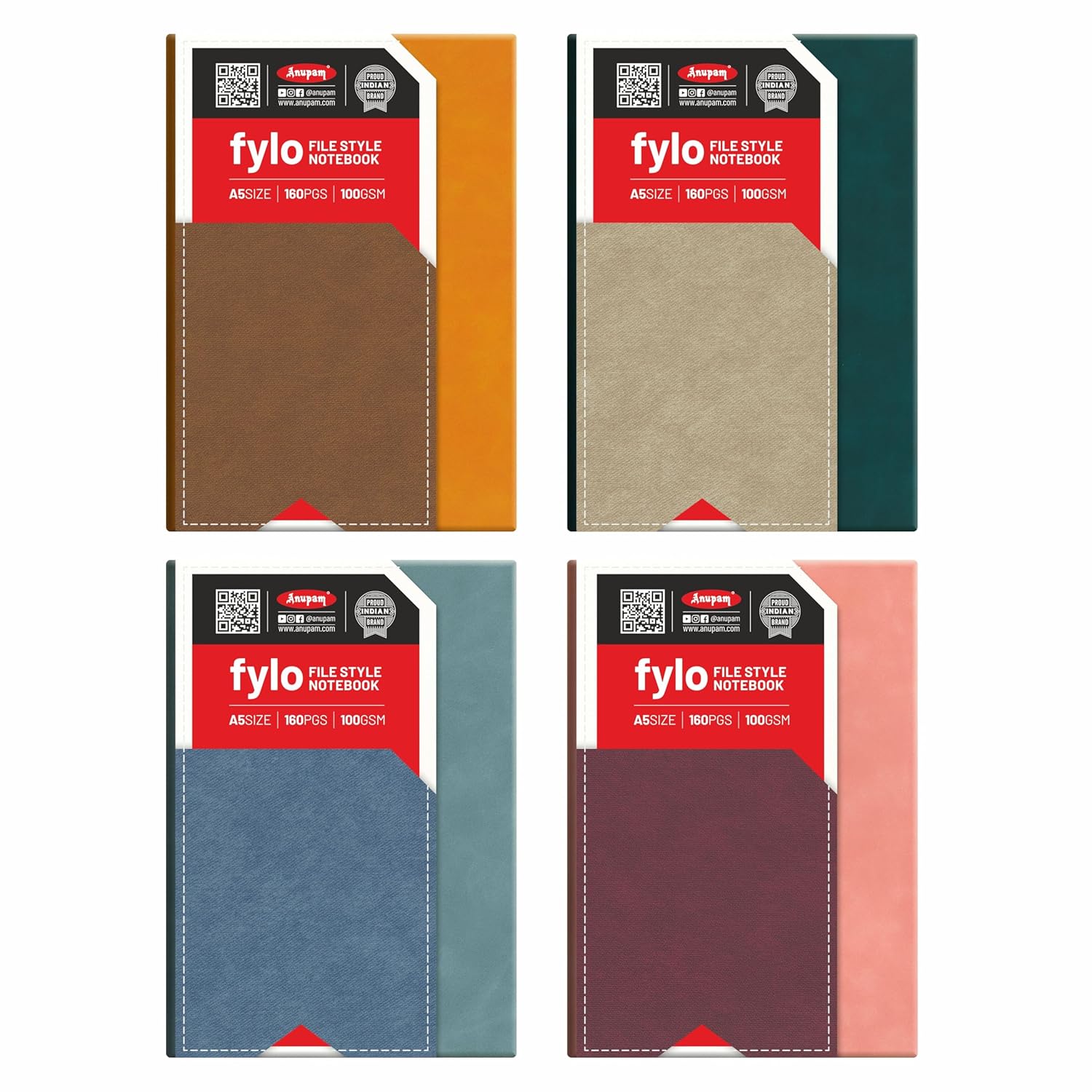Anupam Fylo A5 Premium Journal Notebook – 160 Pages, 100 GSM Ink-Pen Friendly Paper, Dual Pockets, Triple-Textured PU Cover – Perfect for Planners, Note-taking & Business Use