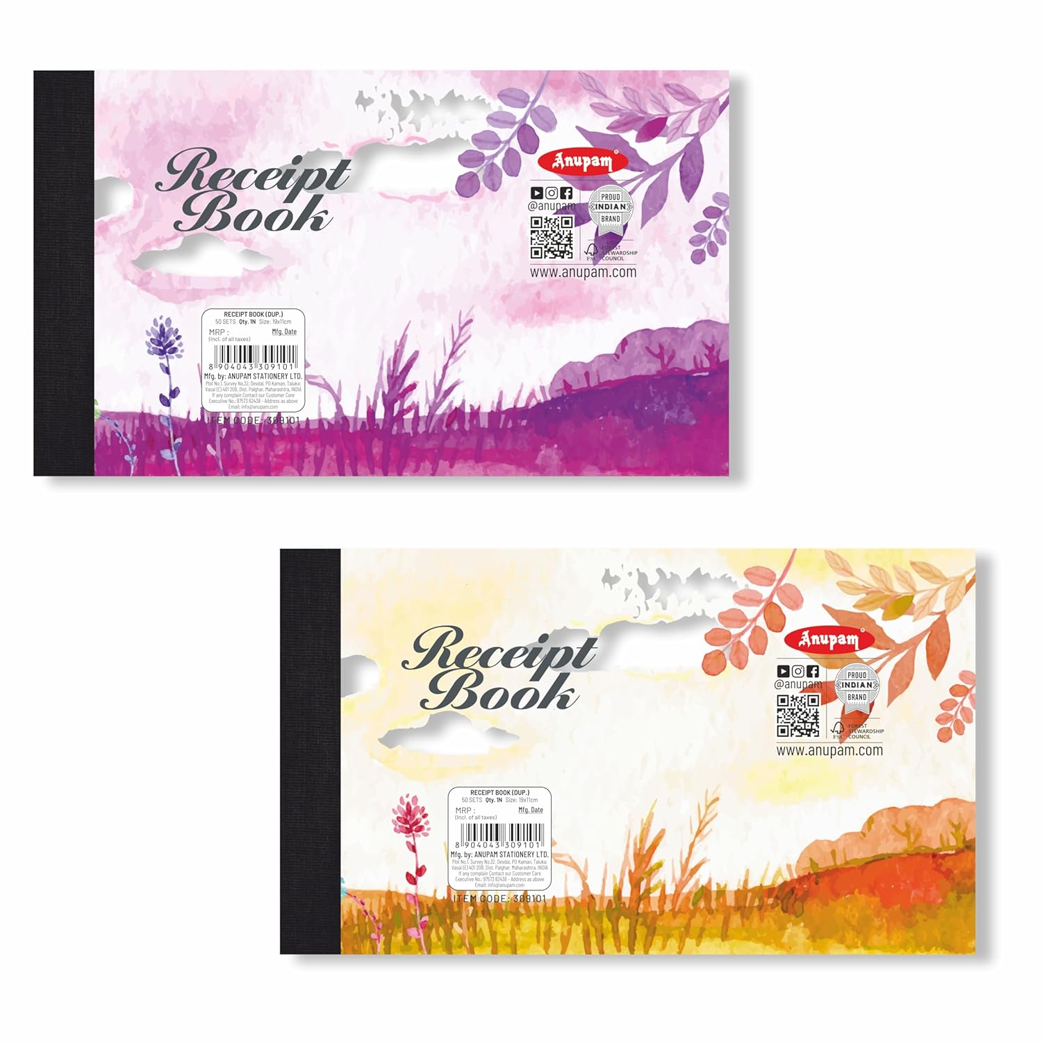 Anupam Duplicate Receipt Book (11cm x 19cm) with Robust Board Back & Dynamic Titles - 80 GSM (Pack Of 2)