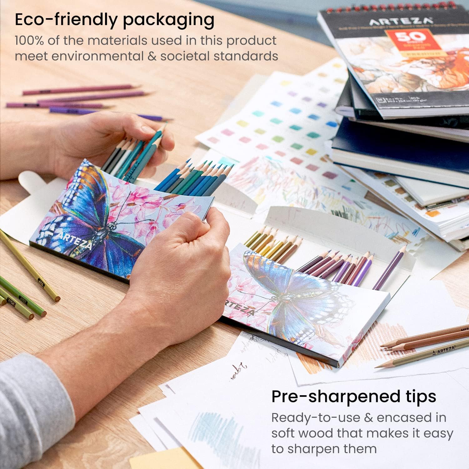 ARTEZA Colored Pencils Sets Of 50 Triangular Grip, Pre-Sharpened Pencils Set