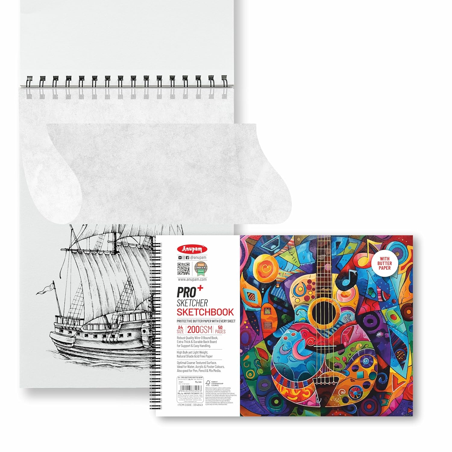 Anupam Pro Sketcher Drawing Book with Butter Paper Pages Size Spiral-Bound Sketchpad 200 GSM for Artists, Kids & Professionals (25 Sheets, 50 Pages)