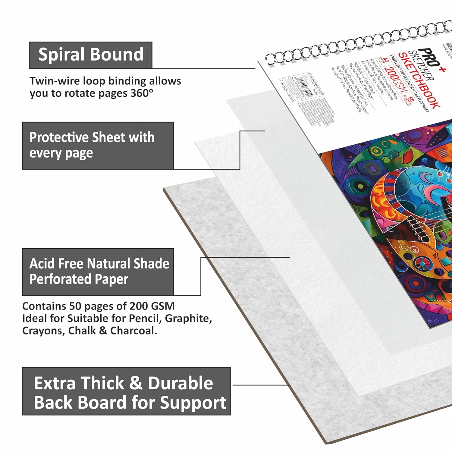 Anupam Pro Sketcher Drawing Book with Butter Paper Pages Size Spiral-Bound Sketchpad 200 GSM for Artists, Kids & Professionals (25 Sheets, 50 Pages)